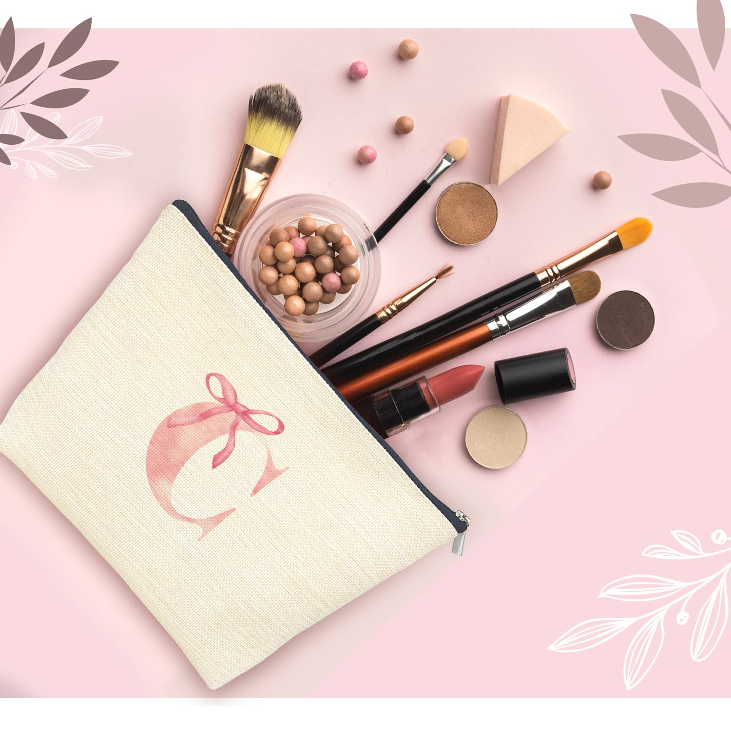 Personalized Monogram Makeup Bag Letter C - Pink Bow Cosmetic Pouch for Women, Aesthetic Preppy Makeup Case, Coquette Girly Travel Organizer | Perfect for Travel, Gym, School & Daily Essentials Storage