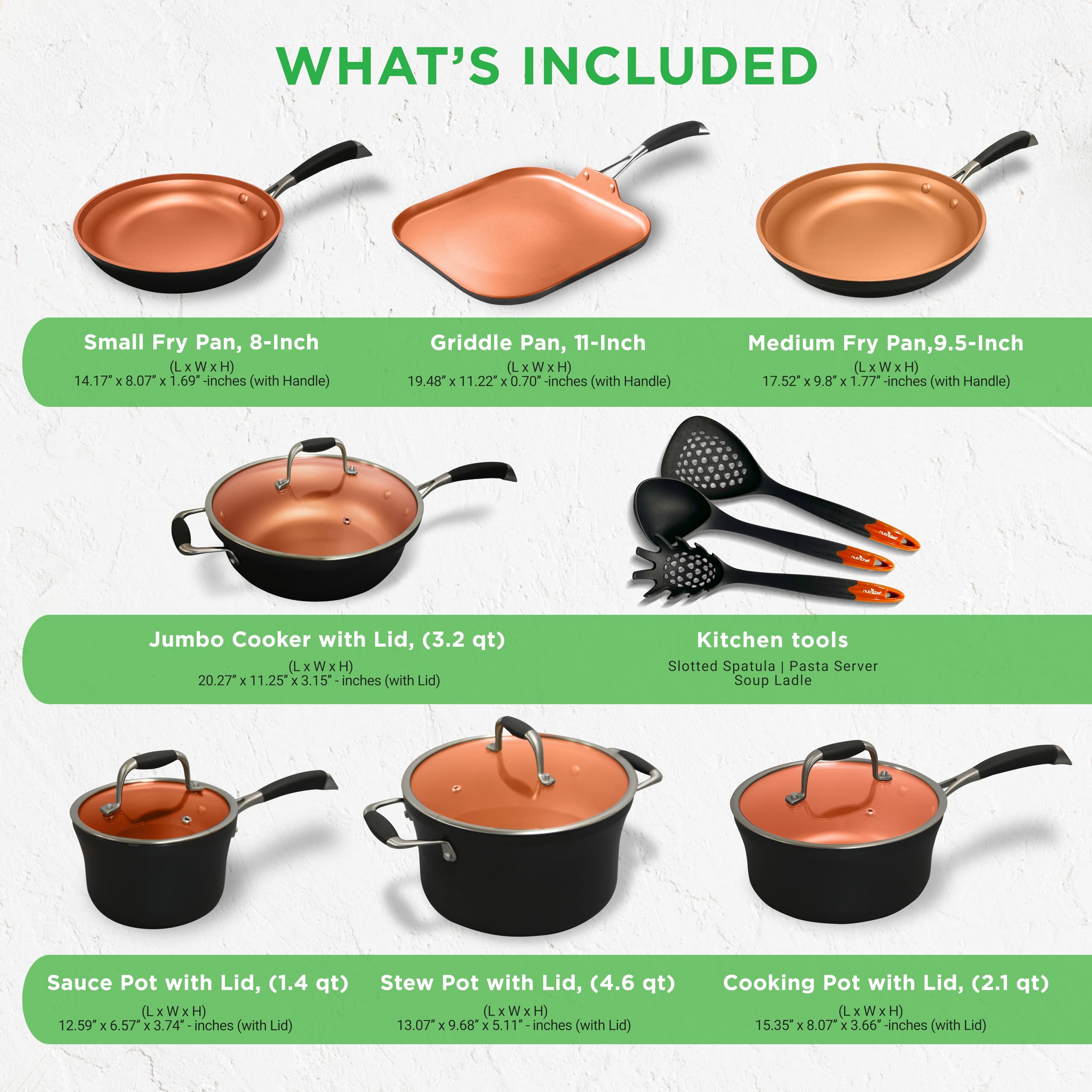 NutriChef 14-Piece Non-Stick Cookware Set - Copper Pots & Pans with Lids, Frying Pans, Spatula, Pasta Server & Soup Ladle | Durable Silicone Handles | Perfect for Home Cooking, Meal Prep & Family Dinners