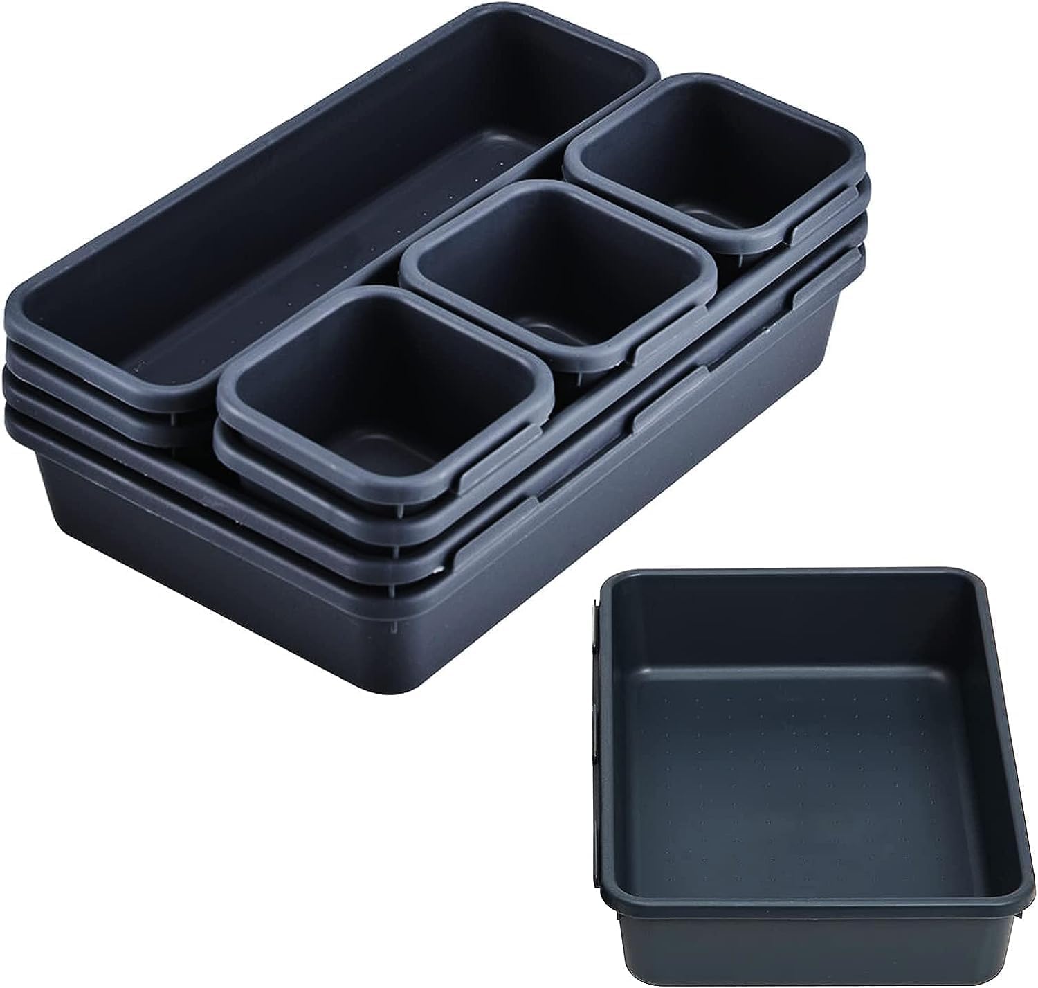 8-Piece Clear Plastic Drawer Organizer Set - 3-Size Versatile Storage Trays for Bathroom, Vanity, Makeup, Bedroom, Kitchen & Office Supplies - Perfect for Home Organization & Decluttering (Black)