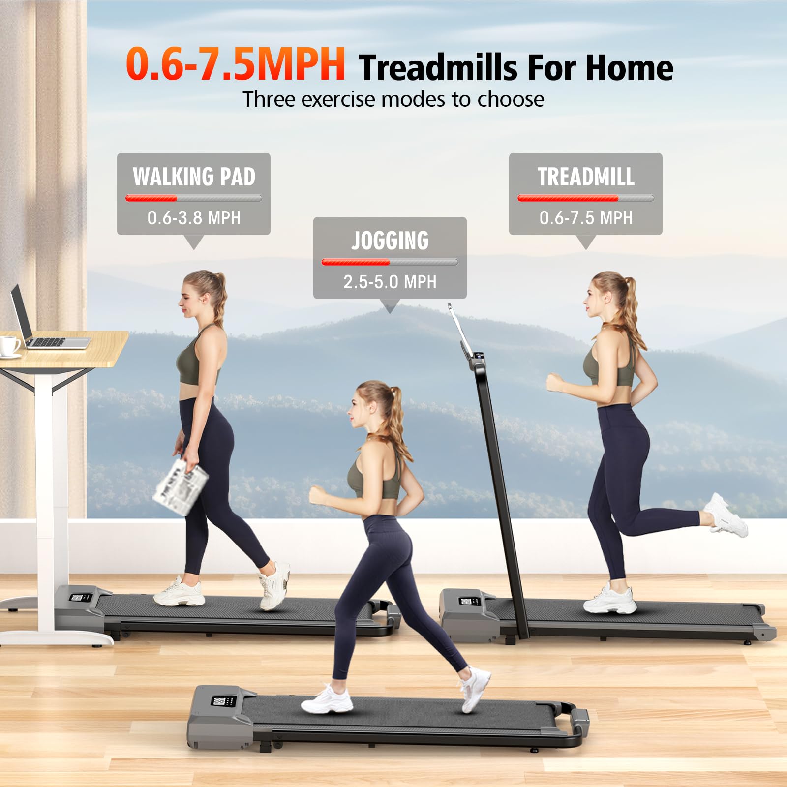 Under Desk Treadmill with Handle Bar - Portable Foldable Walking Pad for Home & Office - 2-in-1 Function, 4 Speed Modes, Quiet Motor, Remote Control & LED Display - Perfect for Workouts, Home Gym, Office Fitness & Small Spaces