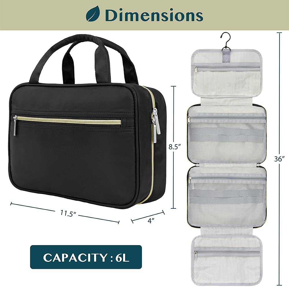 PAVILIA Hanging Toiletry Bag for Travel - Foldable Cosmetic Organizer & Water-Resistant Makeup Bag for Women & Men - Large Travel Essentials Kit (Black Gold) - Perfect for Camping, Gym, Business Trips & Vacation