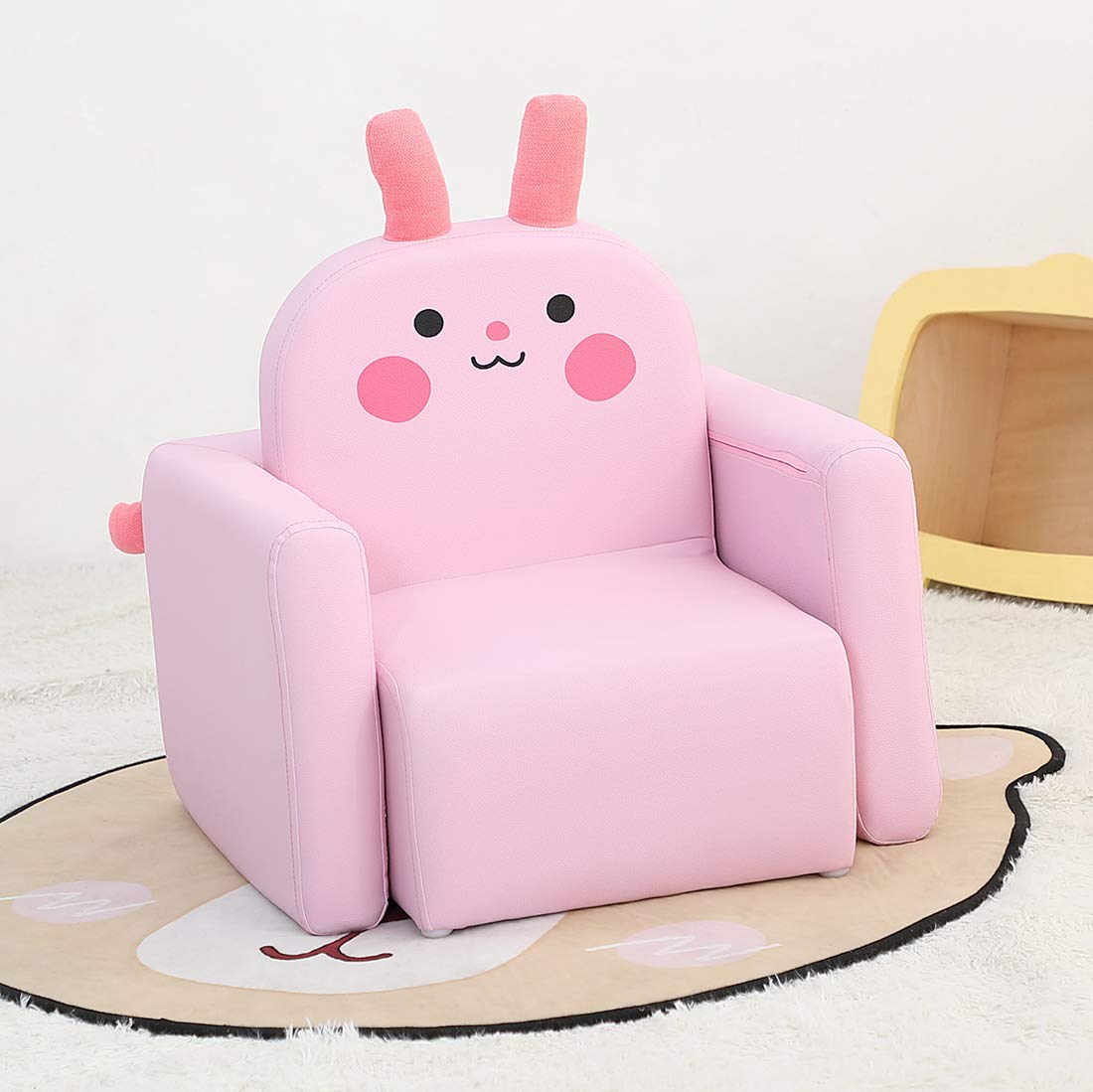 Emall Life Multifunctional Kids Chair with Smiley Face - Convertible Toddler Chair & Table Set, Pink Bunny Stool for Boys and Girls - Perfect for Playroom, Bedroom or Classroom Use