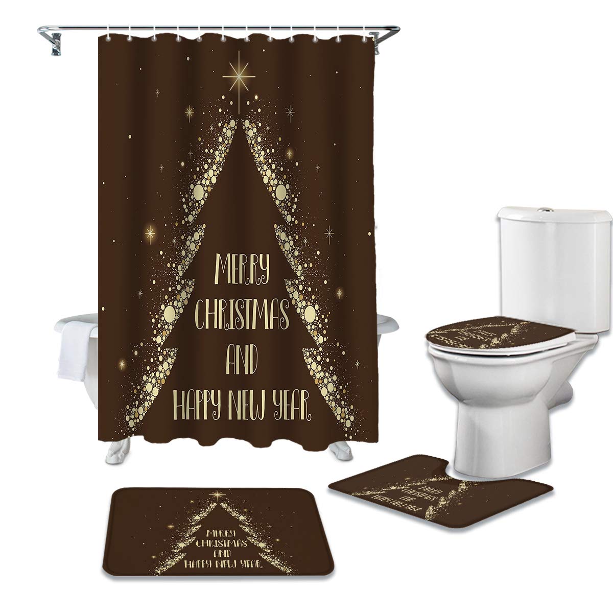 4PCS Non-Slip Bath Mat Set - Christmas Tree Design for Holiday Bathroom Decor - Perfect for Festive Home Decorating