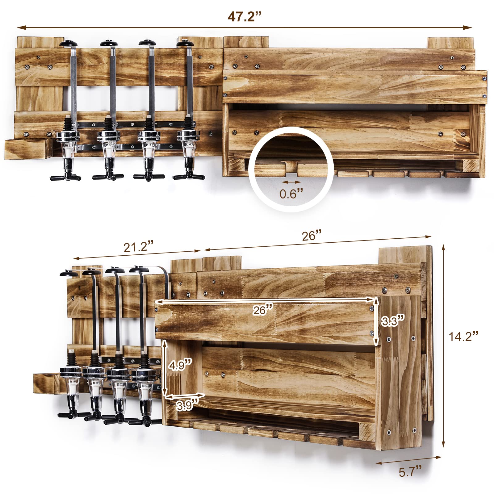 Wall Mounted Wood Wine Rack with Bottle & Stemware Holder - Rustic Whiskey Display Storage for 4 Bottles - Perfect for Home Bar, Kitchen Decor & Entertaining Guests (Regular Without LED)