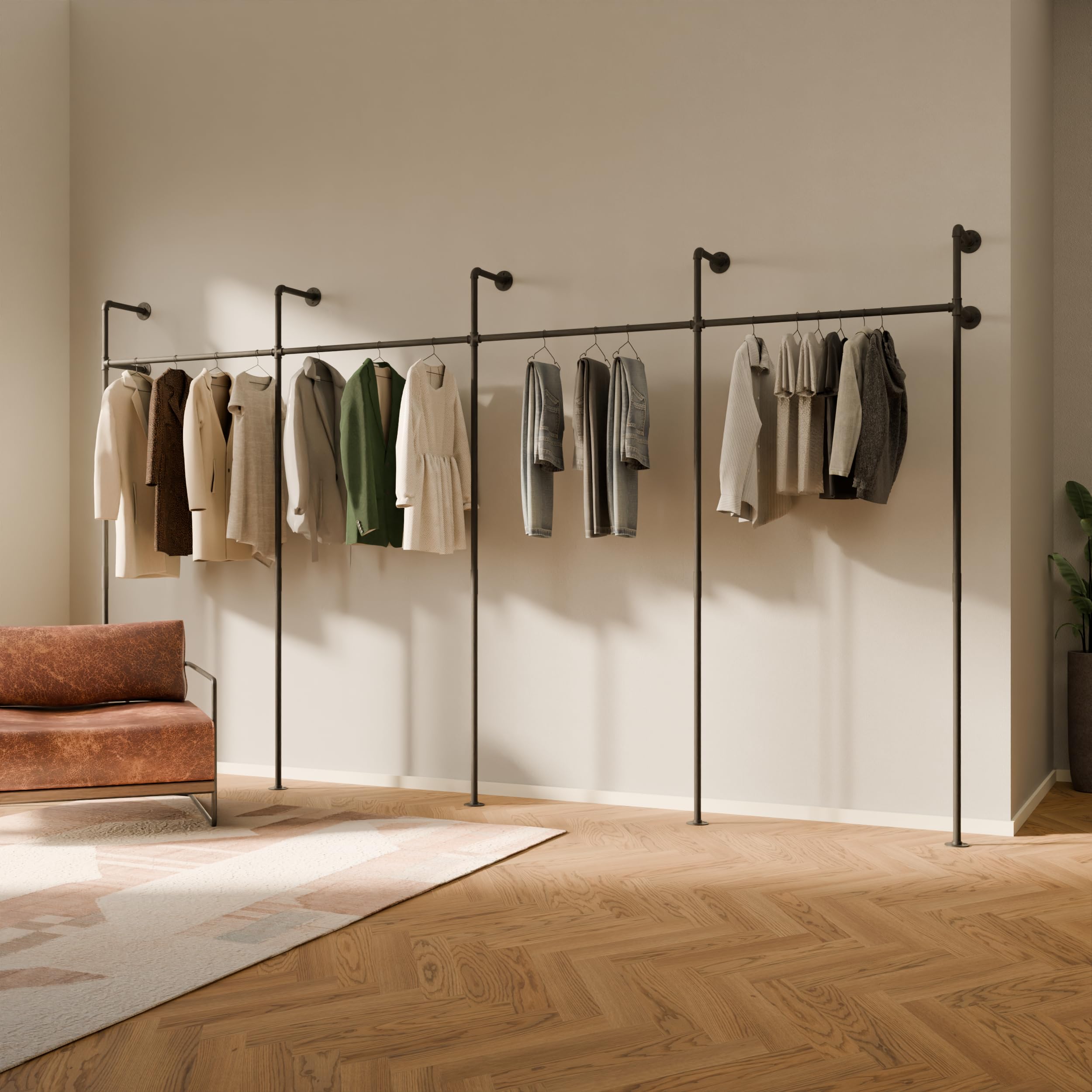 Heavy Duty Pamo Industrial Pipe Clothing Rack - 880 lbs Capacity Wall Mounted Garment Rack for Walk-In Closet & Wardrobe Organization | Perfect for Home, Laundry Room & Commercial Use