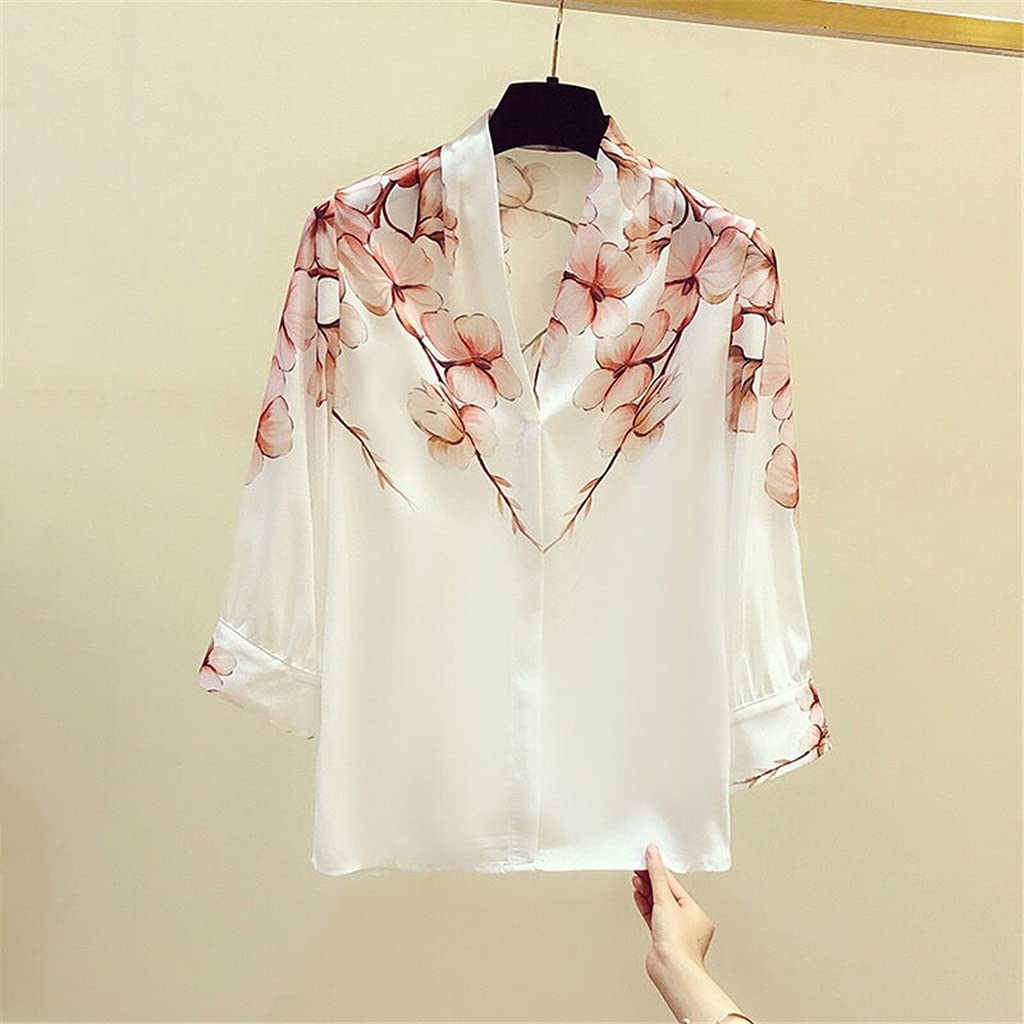 SLATIOM Women's V-Neck Printed Chiffon Blouse - Casual Loose Tops with 3/4 Sleeves for Spring & Autumn (White, XXXL) | Office Wear, Date Night & Weekend Outfits