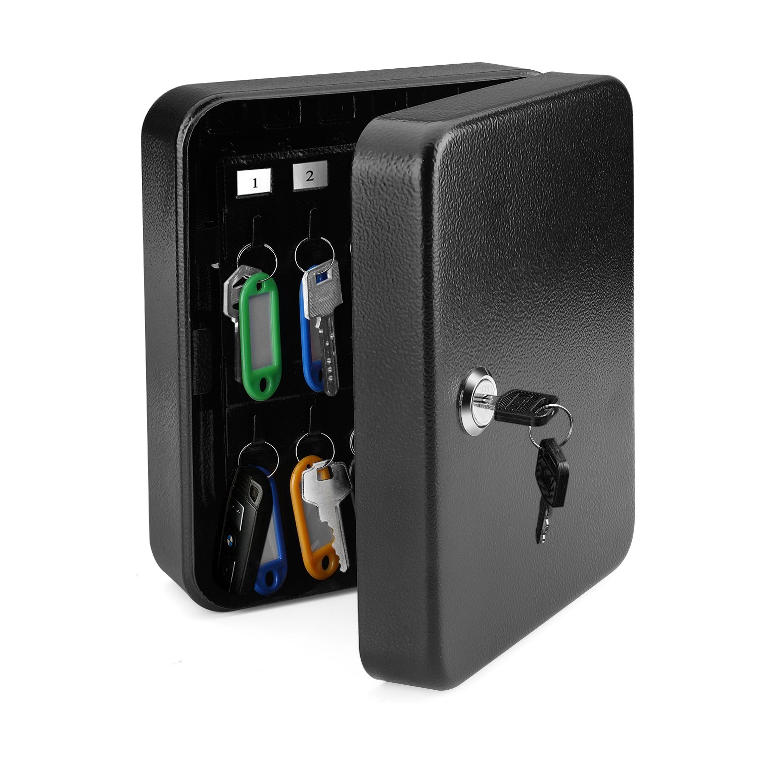 **Flexzion 40-Key Wall Mount Key Cabinet with Lock - Secure Key Organizer Box with Colored Tags & Hooks for Home, Office, Hotel & Business Storage (Black) - Perfect for Property Managers, Landlords & Security Personnel**