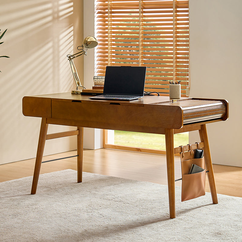 Mid Century Modern Home Office Desk with 2 USB Power Outlets - Stylish Writing Desk for Small Spaces, Remote Work & Study