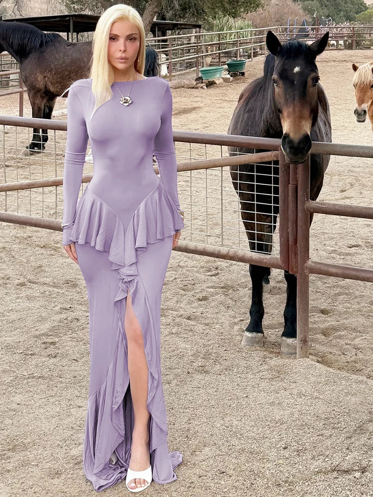 Sexy Backless Ruffled Maxi Dress for Women - Elegant O-Neck Long Sleeve Evening Gown with Thigh High Split | Perfect for Parties, Weddings & Date Nights