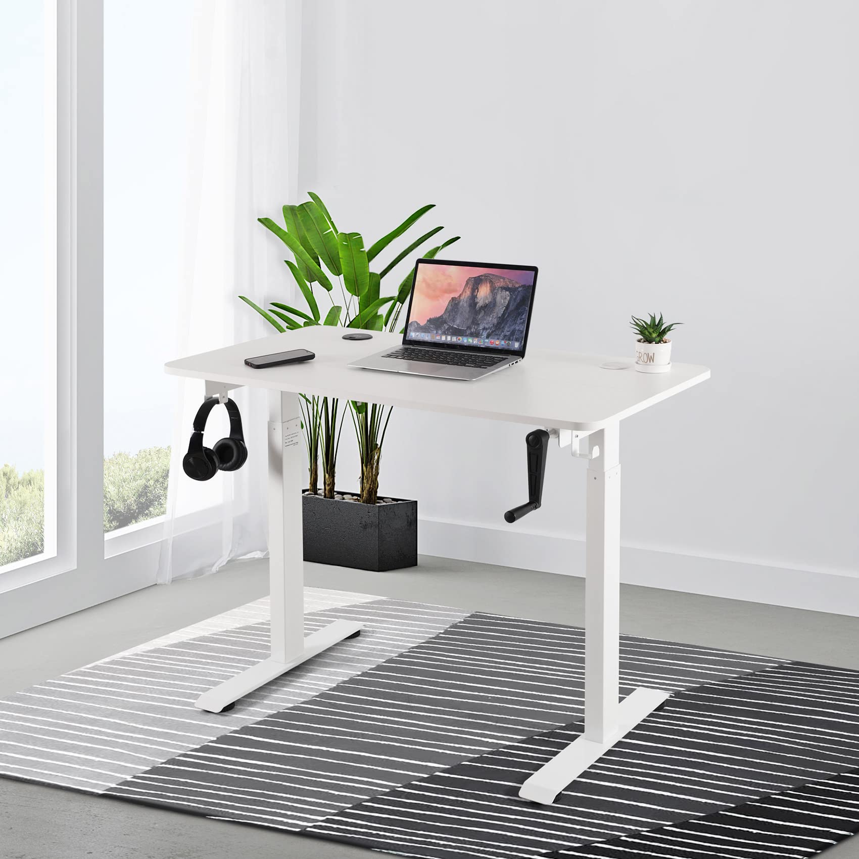 UNICOO Adjustable Height Standing Desk with USB & Wireless Charger - Electric Crank Game & Computer Table for Home Office (White, M2) - Perfect for Gaming, Work & Study