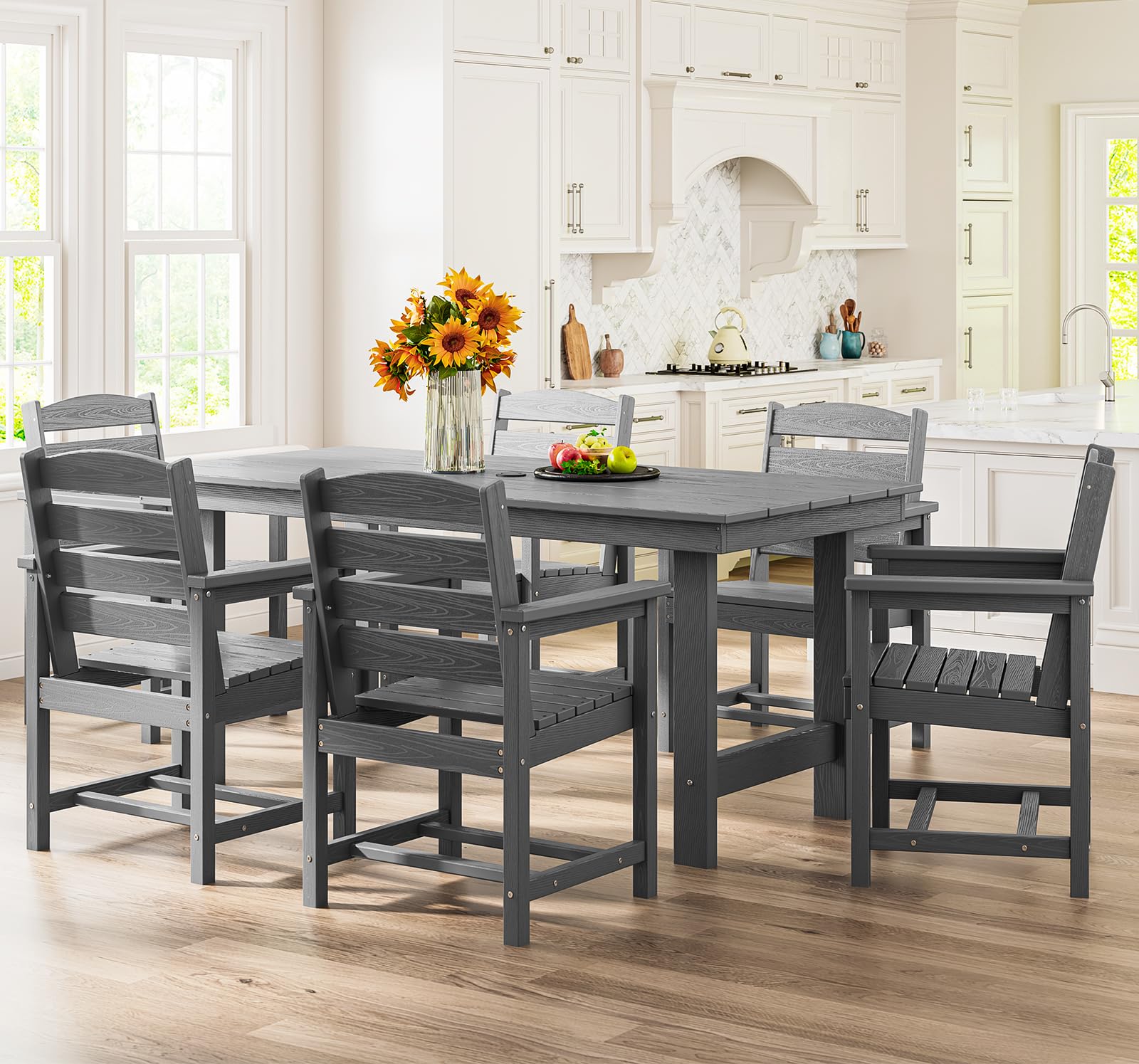 SERWALL 7-Piece Outdoor Dining Set with Umbrella Hole - HDPE Gray Patio Table & 6 Chairs - Perfect for Backyard, Garden, Poolside & Outdoor Entertaining
