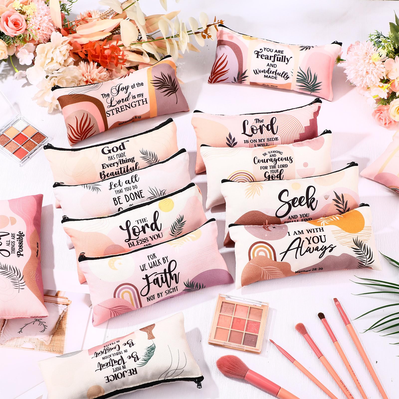Talltalk 14-Piece Christian Cosmetic Bags Set for Women - Inspirational Bible Verse Makeup Pouches, Motivational Religious Gifts, Travel & School Pencil Cases - Perfect for Graduation, Birthday Party Favors & Church Events (Boho Style)