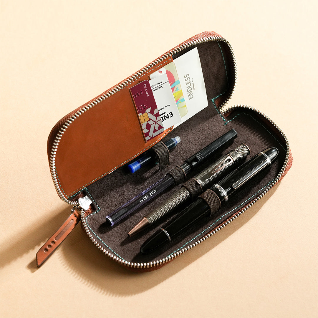 Premium Adjustable Leather Pen Pouch - Holds 3 Pens - Genuine Brown Leather - Perfect for Office, School & Travel Organization