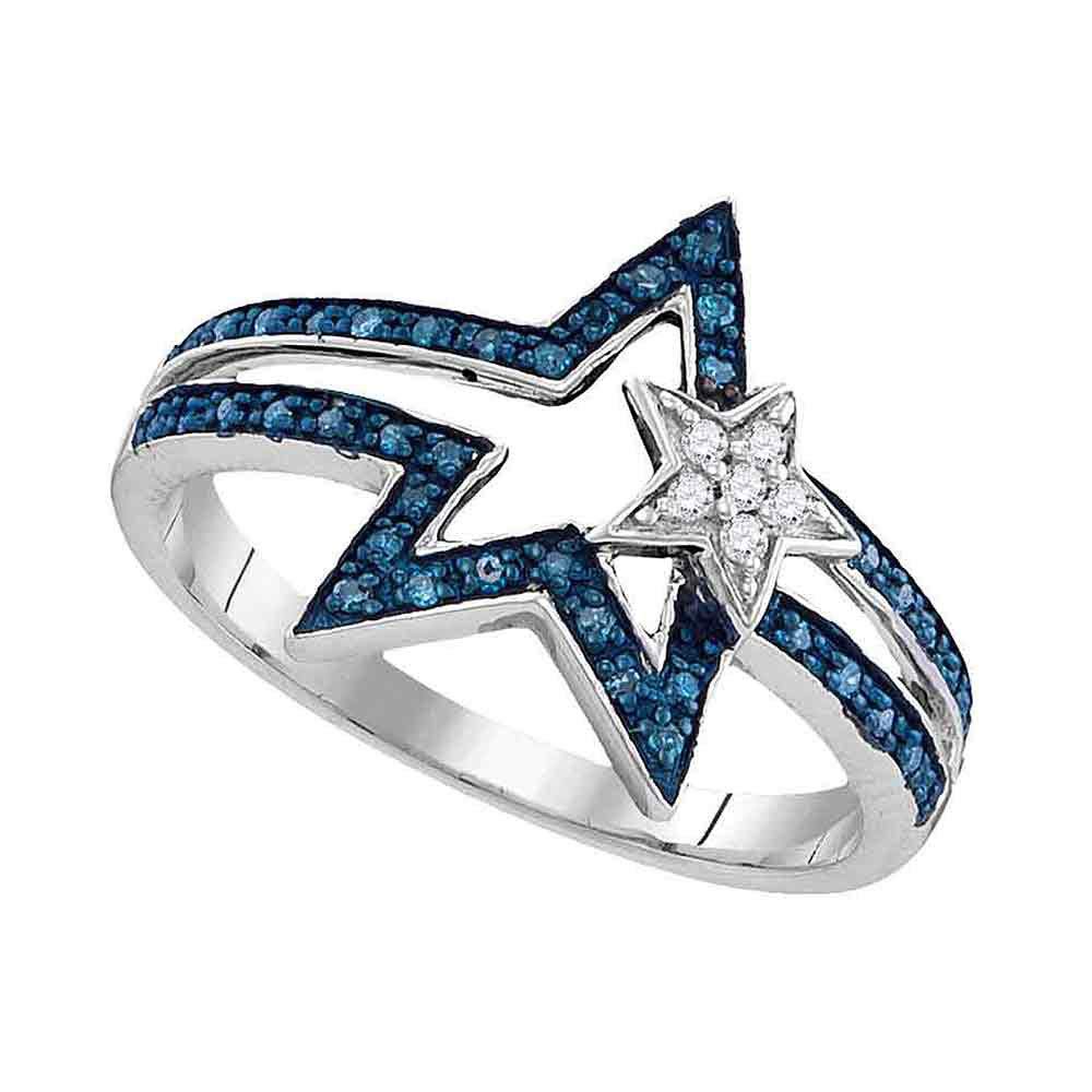 FB Jewels Sterling Silver Women's Round Blue Enhanced Diamond Double Star Ring - 1/6 Cttw Size 7 - Elegant Jewelry Gift for Anniversary, Birthday & Special Occasions