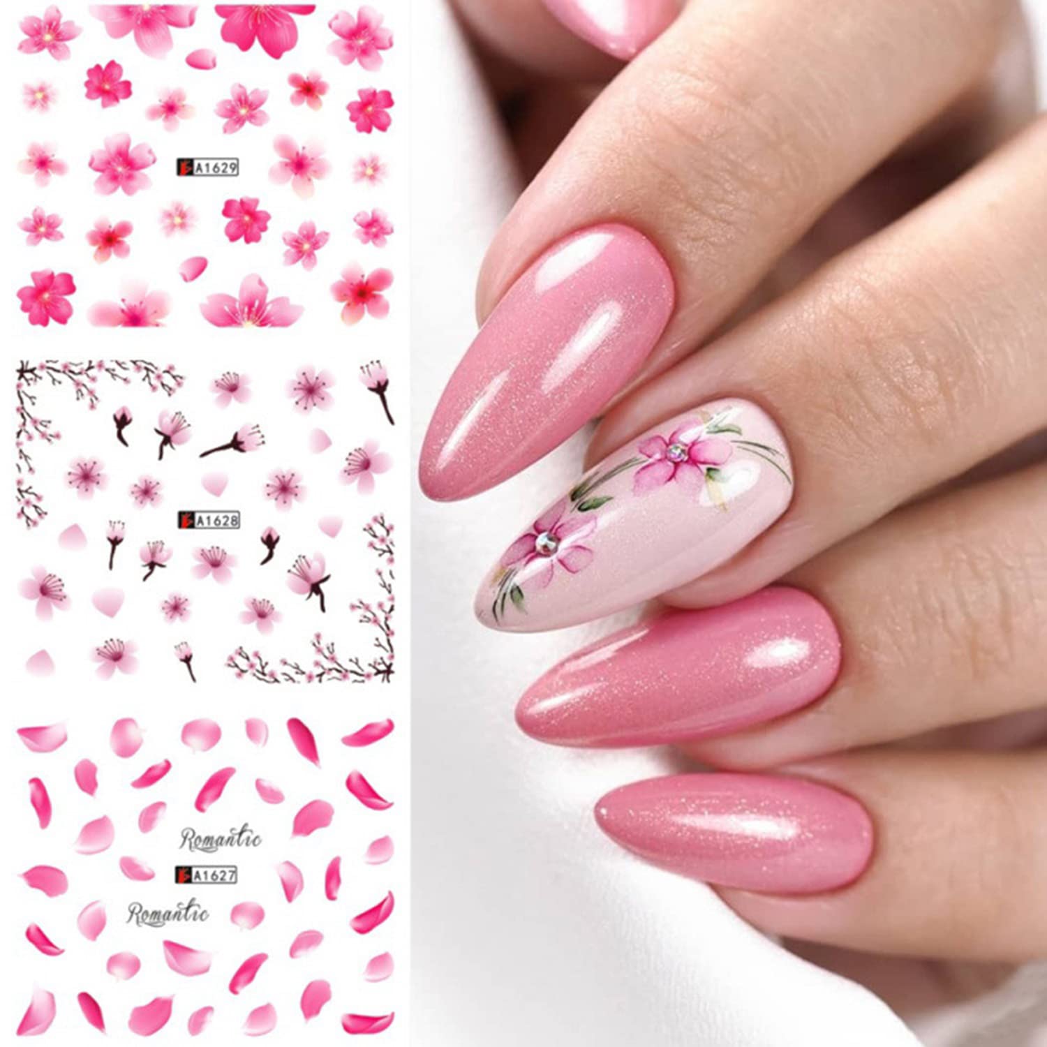 Cherry Blossom Nail Stickers - Holographic Floral Water Transfer Decals for DIY Nail Art | Pink Flower Nail Designs for Women | Manicure Supplies & Acrylic Nail Decorations | Perfect for Spring Nails, Bridal Parties & Salon Use