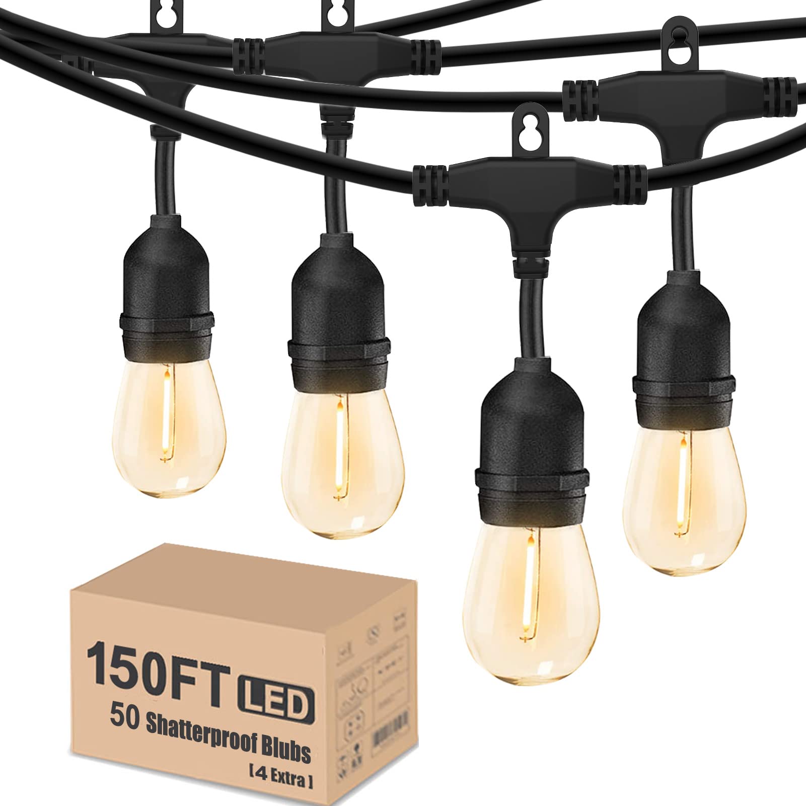 150ft LED Outdoor String Lights Waterproof - 50 Shatterproof Dimmable Edison Bulbs for Patio, Garden, Gazebo, Bistro | Warm White Connectable Lights for Wedding, Birthday Party & Backyard Decor