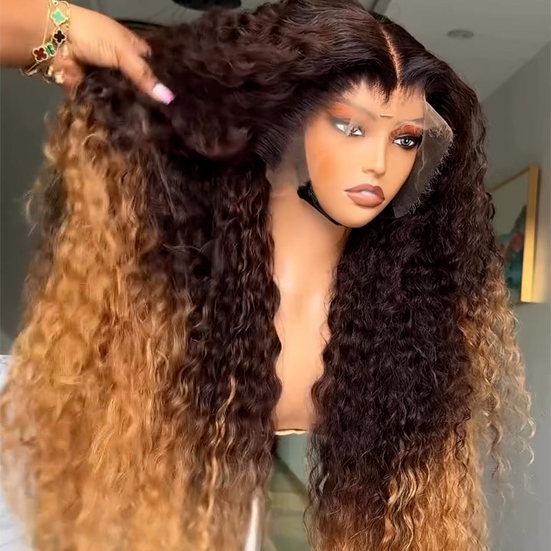 Eullair Ombre Dark Brown to Honey Blonde Curly Human Hair Wig - Glueless Lace Frontal Wig for Women | Pre-Colored Natural Look for Daily Wear & Special Occasions
