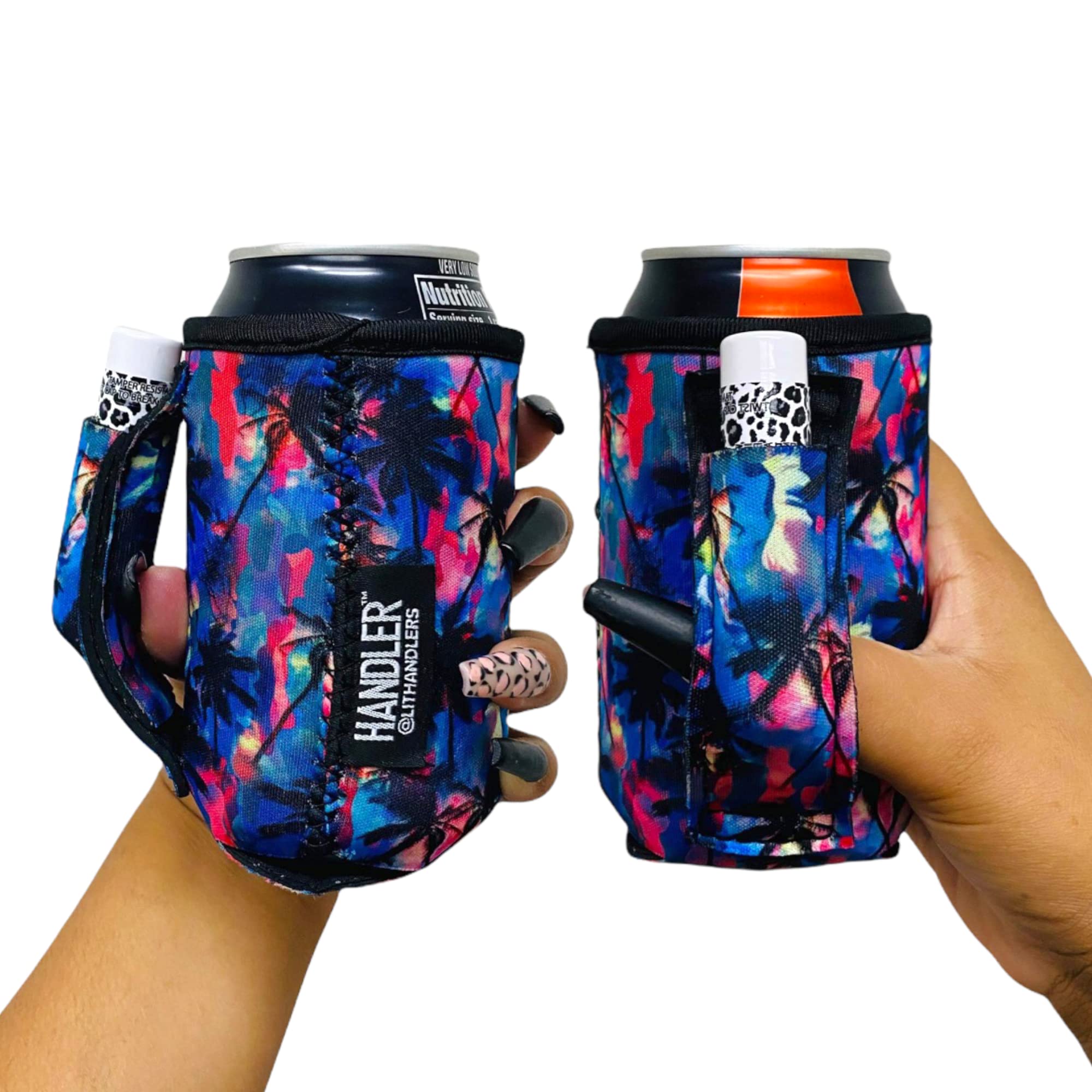Neoprene Soda Can Handle - 12oz Reusable Can Cooler Sleeve for Beer & Drinks - Insulated Beverage Holder with Handle for Office, Gym, Beach & Outdoor Activities (Tropical Palms Design) - Keep Drinks Cold at Workouts, BBQs & Pool Parties