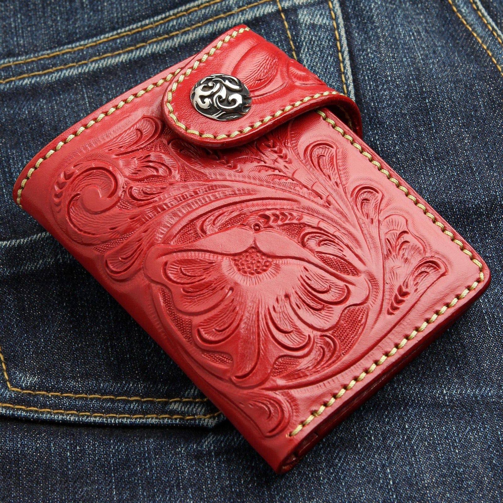 Genuine Red Cowhide Leather Biker Wallet with Chain - Stylish & Durable for Motorcycle Riders, Bikers & Outdoor Enthusiasts