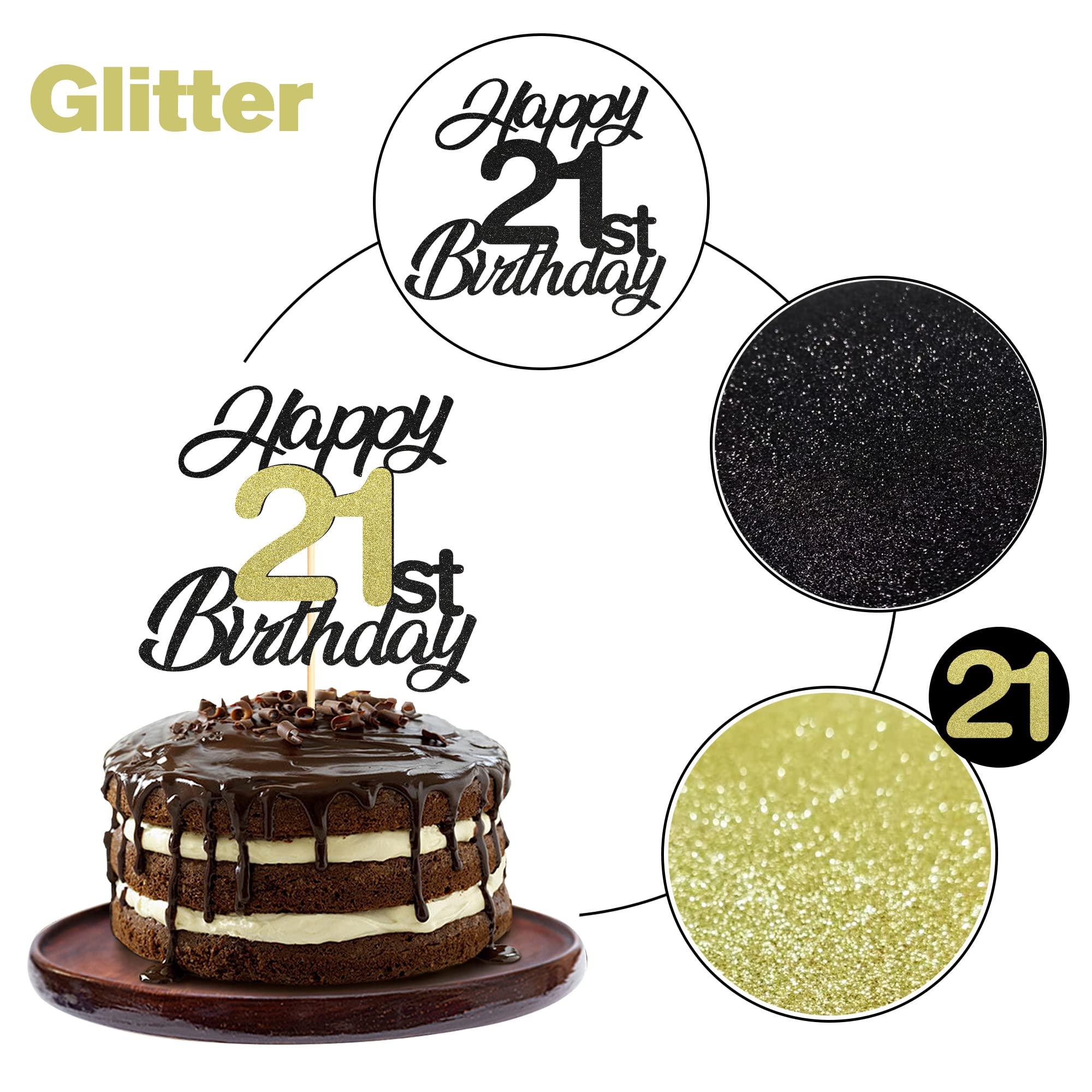 Elegant Black & Gold Glitter 21st Birthday Cake Topper - Premium Happy 21st Birthday Cake Decorations for Women & Men - Perfect for Birthday Parties, Anniversaries & Celebrations