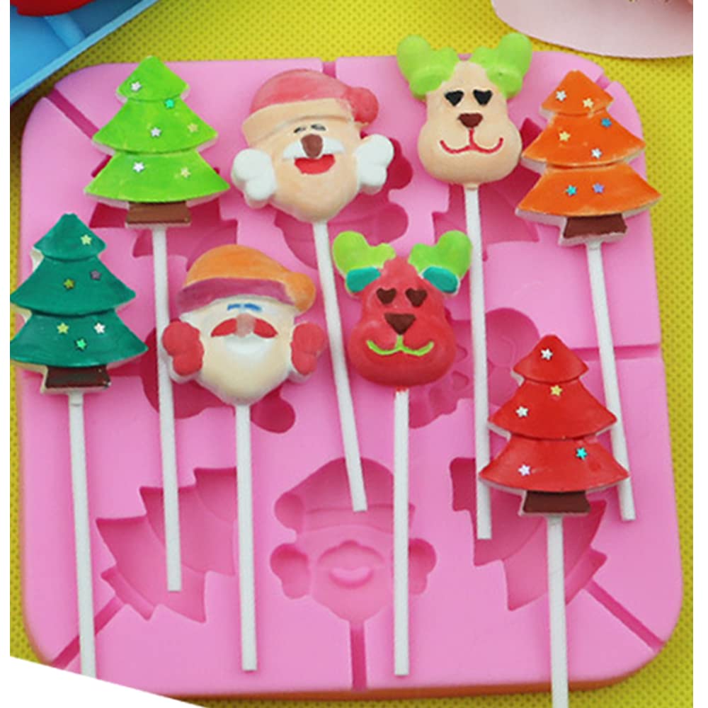 2PCS Christmas Lollipop Candy Molds - 8 Cavities Silicone Lollipop Molds for Chocolate & Hard Candy (Santa Claus, Christmas Tree, Reindeer) with Lollipop Sticks - Perfect for Holiday Baking, DIY Candy Making & Christmas Party Favors