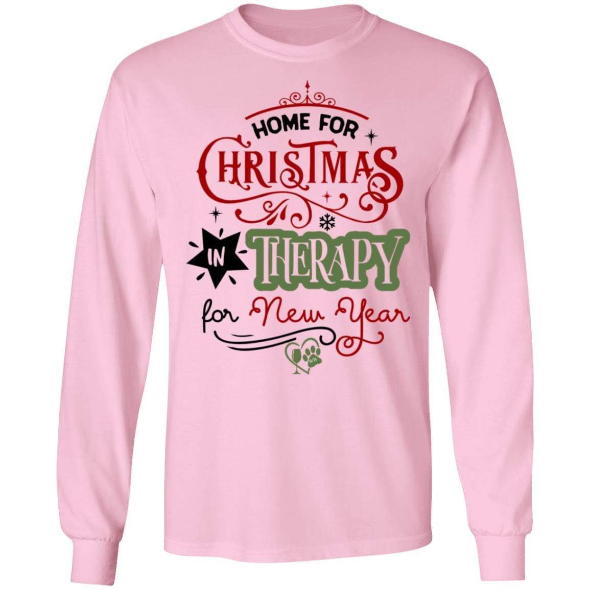 WineyBitches.Co 'Home For Christmas In Therapy On New Years' Funny Slogan T-Shirt - Soft Ultra Cotton Long Sleeve Tee for Women - Perfect for Holiday Parties, Christmas Gifts & Humorous Outfits