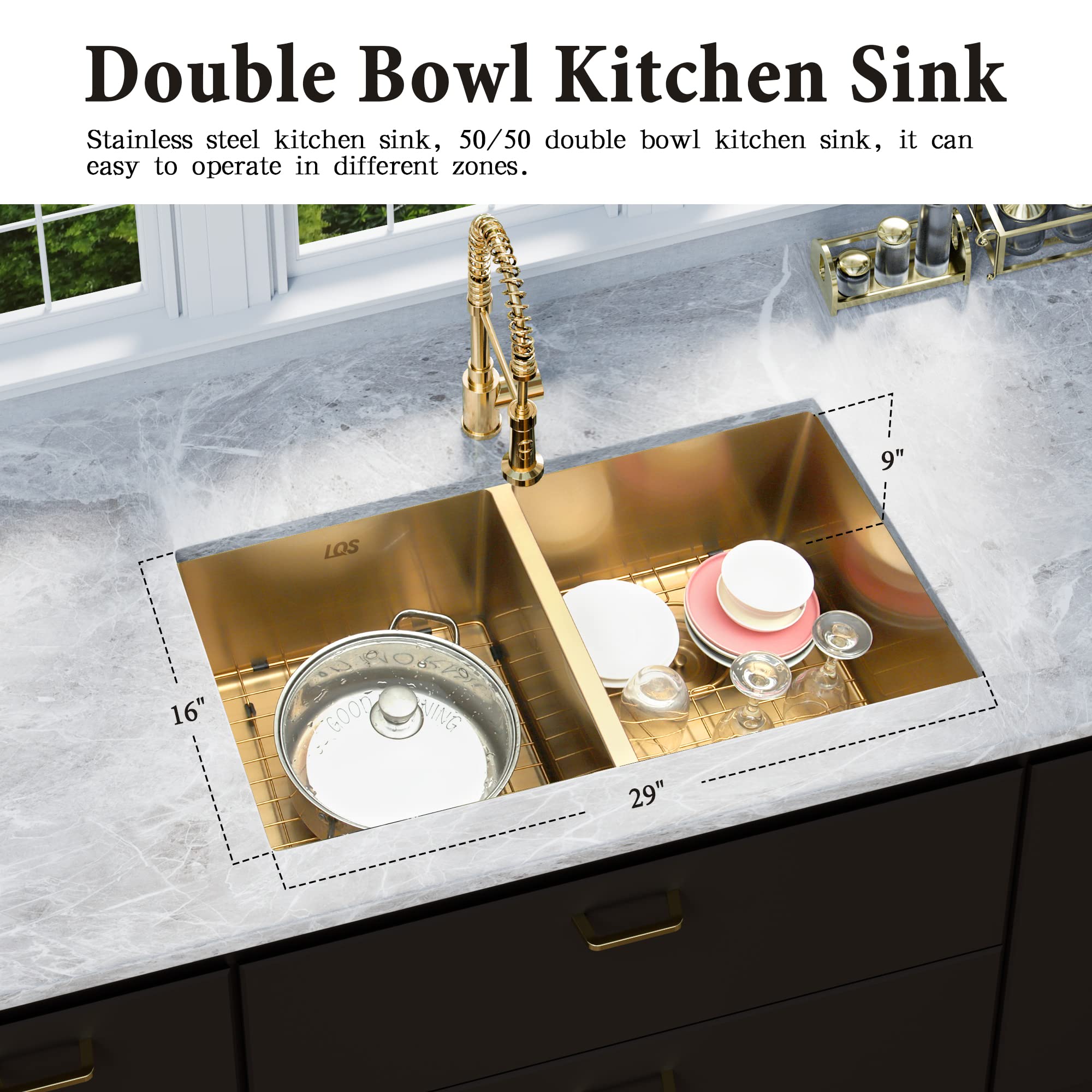 LQS 31 Inch Undermount Double Bowl Stainless Steel Kitchen Sink with Accessories - Gold Finish for Modern Farmhouse & Luxury Home Kitchen Renovation