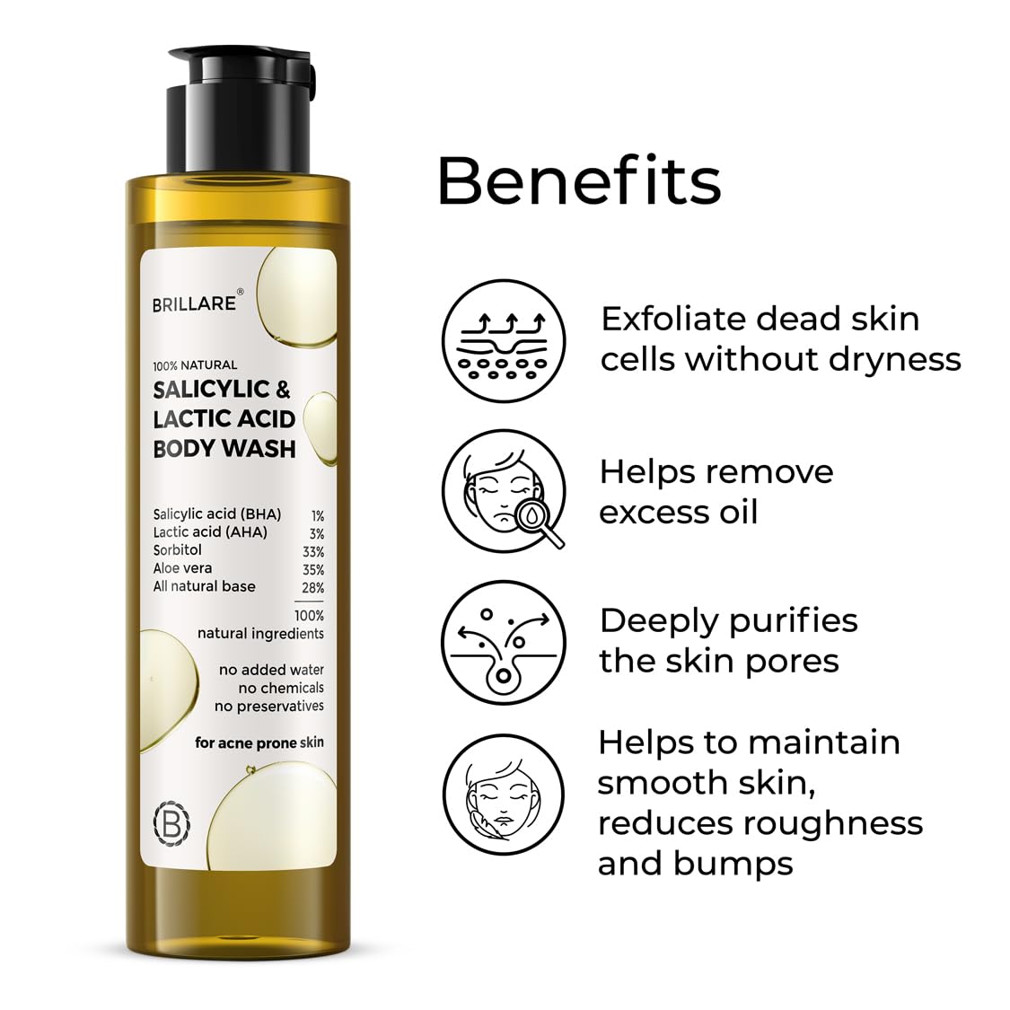 Brillare Salicylic & Lactic Acid Body Wash for Acne-Prone Skin - Clears & Purifies Oily Skin for Men & Women | Daily Shower Solution for Back Acne & Body Breakouts