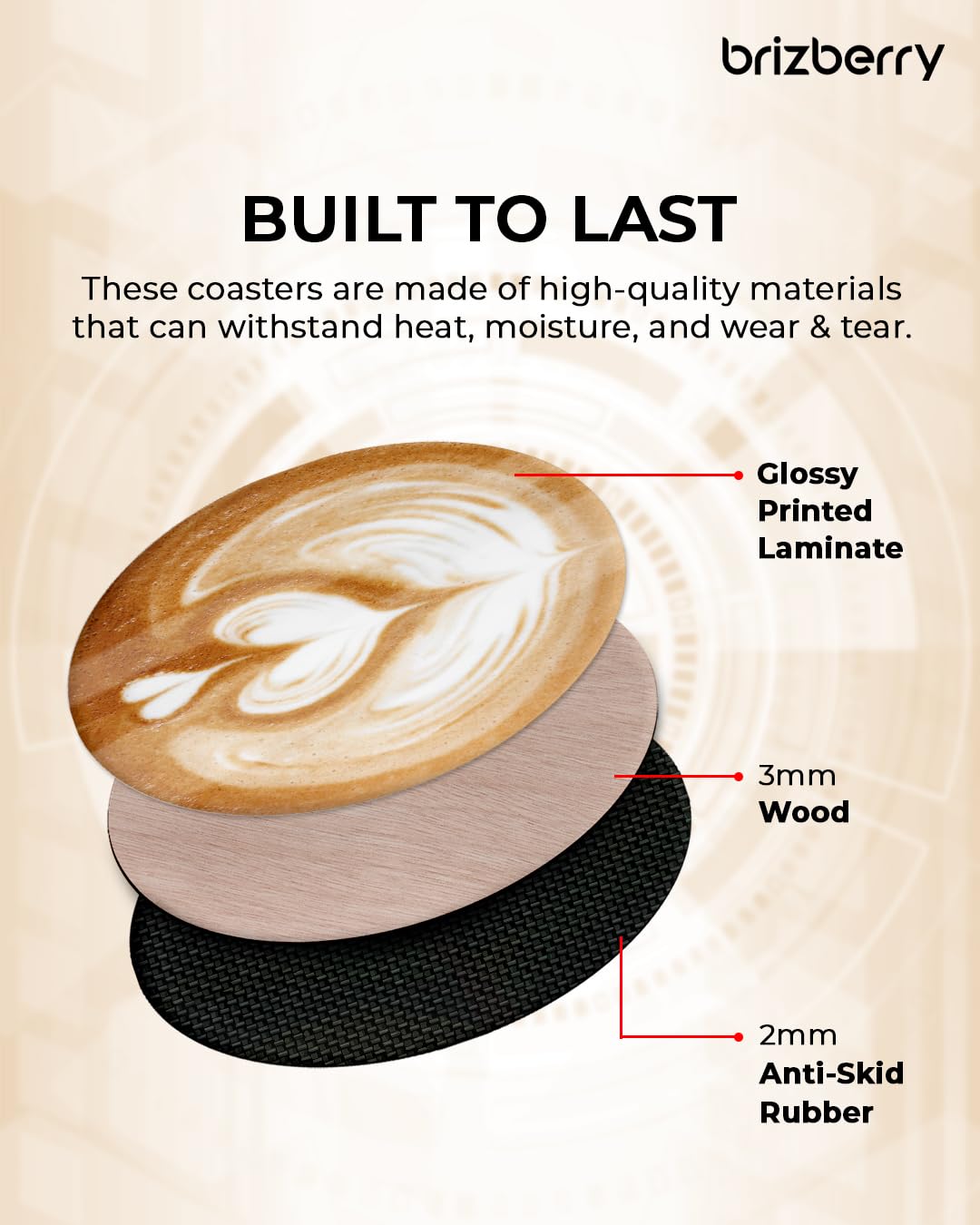 Premium Wooden Coasters Set of 6 - 3.5x3.5 Inch Absorbent & Durable for Coffee, Tea, Wine Glasses - Elegant Printed Designs for Home, Office, Restaurant Use - Brizberry Brizcoast Collection