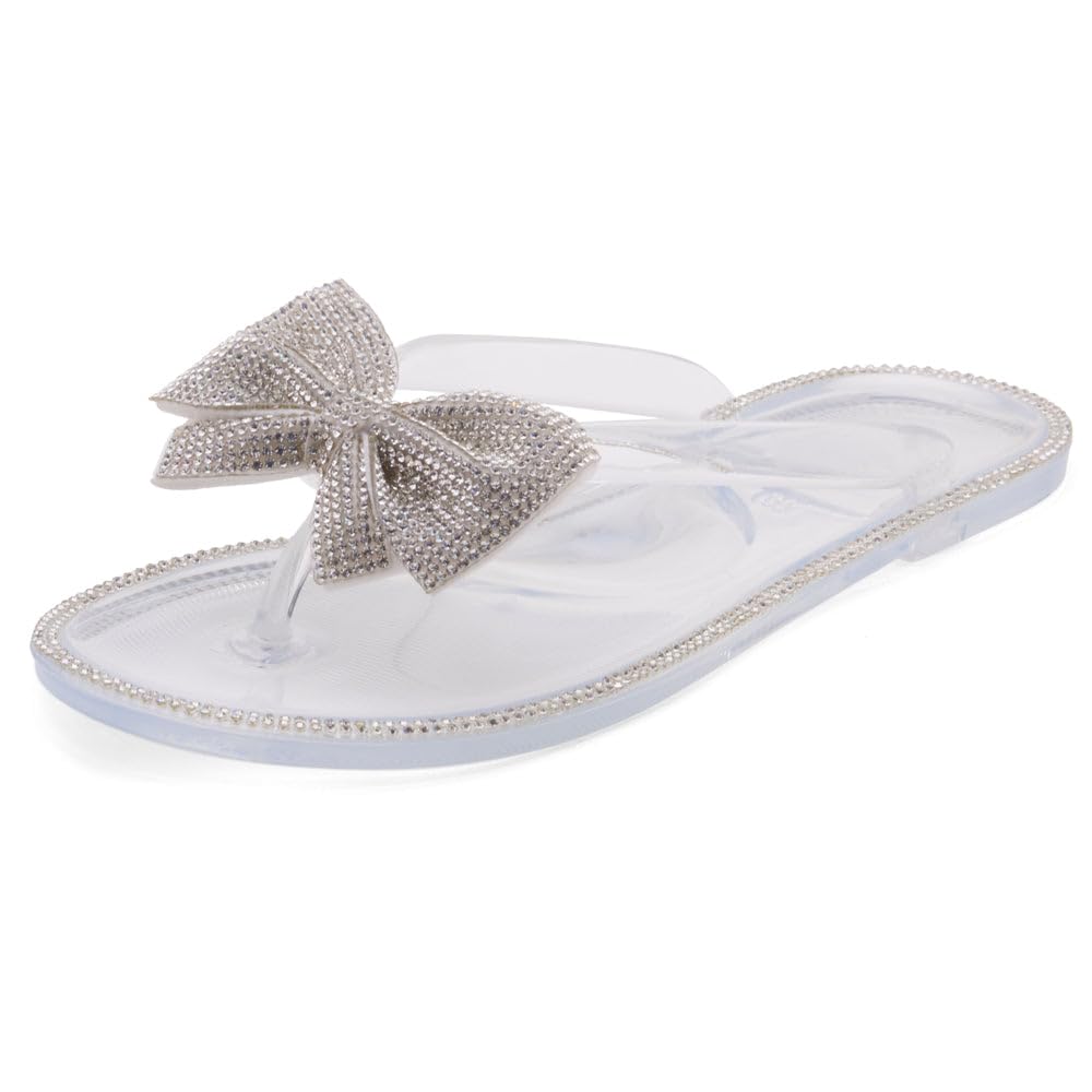 Women's Summer Flat Sandals – Rhinestone Bowtie Jelly Flip Flops, Strappy Slip-On Slides for Beach, Pool & Daily Wear | Comfortable Thong Sandals for Women