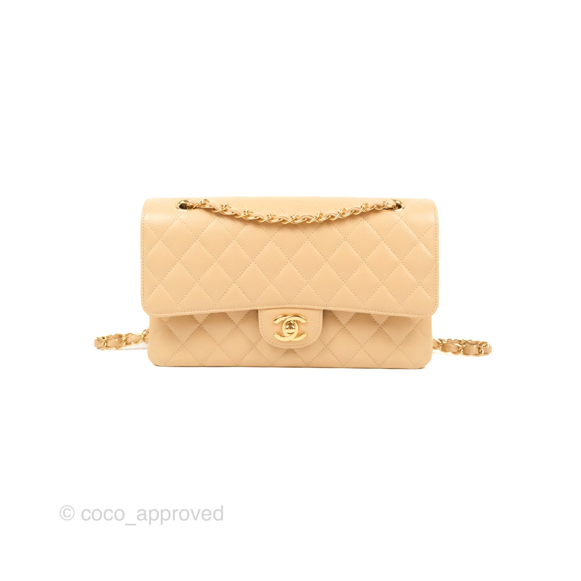 Chanel Classic M/L Medium Double Flap Bag Quilted Beige Caviar Leather with Gold Hardware - Luxury Handbag for Women, Perfect for Work, Parties & Everyday Use
