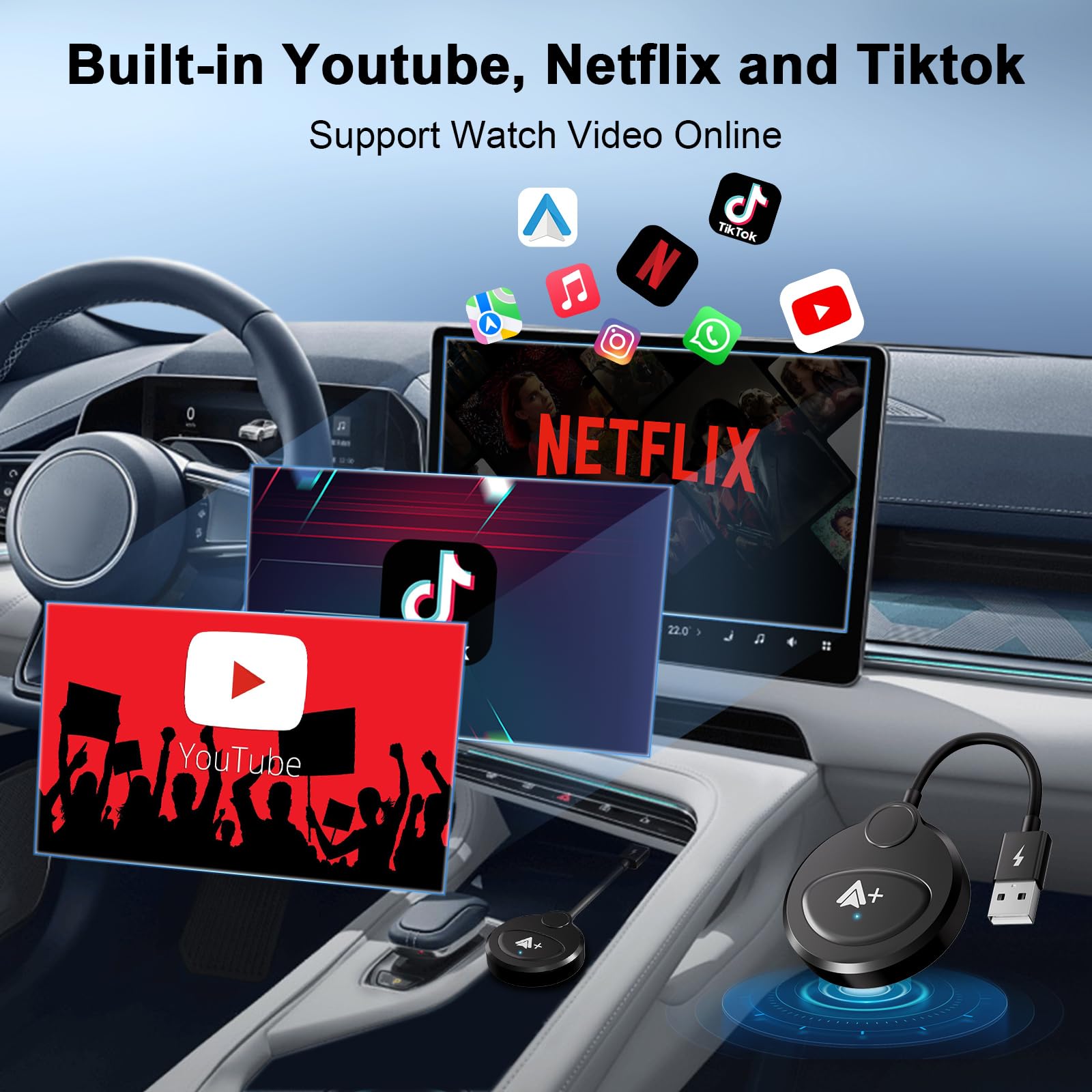 Wireless Android Auto Car Adapter - Convert Wired to Wireless, Supports Netflix YouTube TikTok, Low Latency, Easy Installation (Black) | Perfect for Streaming Entertainment & Hands-Free Driving