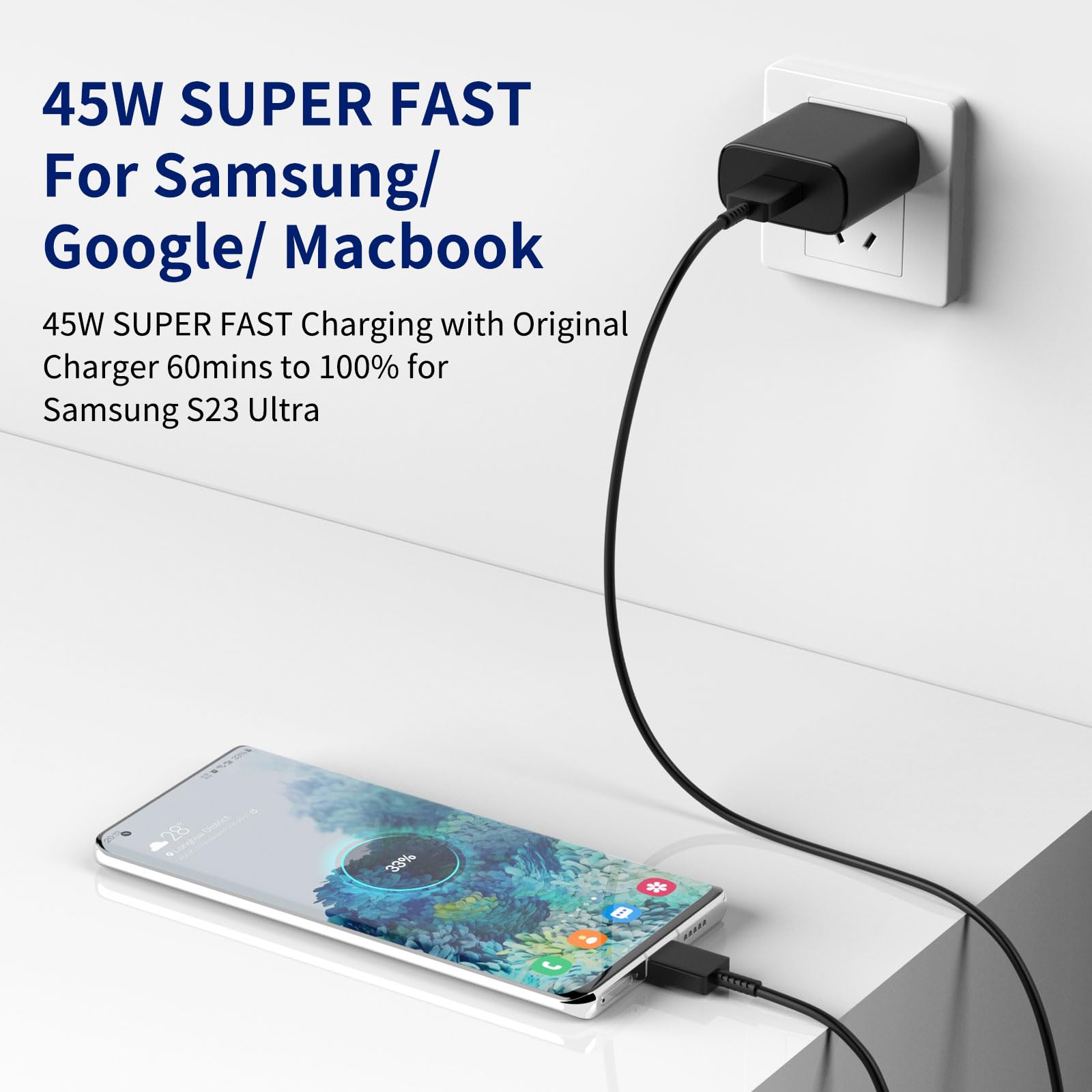 45W USB C PD Fast Charger with 3.3FT Cable - Compatible with Galaxy S24 Ultra/S23/S22/S21/S20, iPhone 15, iPad, Google Pixel, Samsung Note 20 & Galaxy Tab S8 - Super Fast Charging for Home, Office & Travel