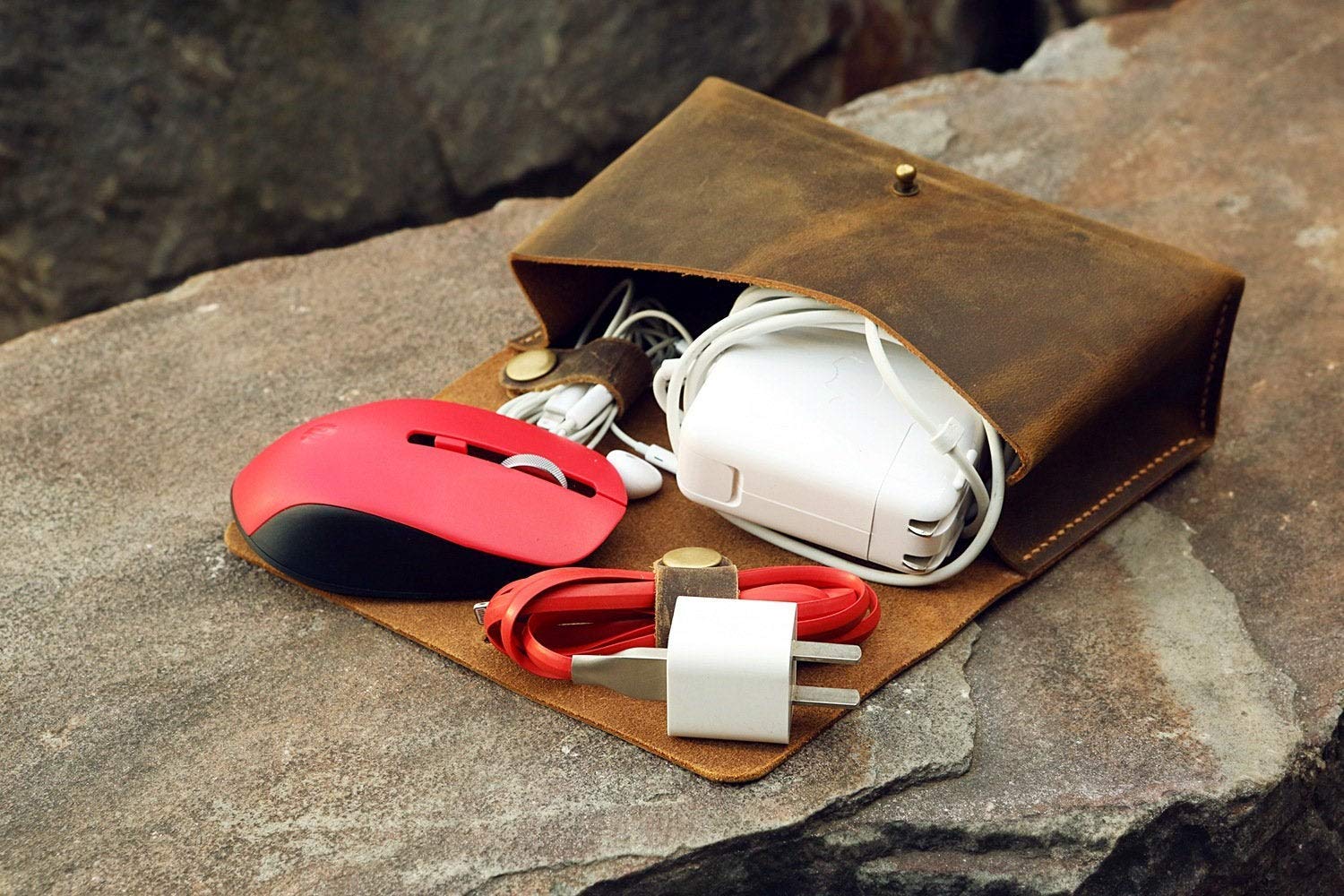 Handmade Leather MacBook Charger Case Bag for MacBook Pro - Premium Laptop Accessories Organizer (MC05PB) - Perfect for Travel, Office & Daily Commute