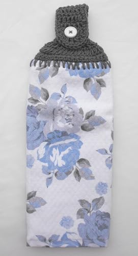 Double Thick Terry Cloth Kitchen Towel - Blue Floral Crochet Hanging Towel for Cooking & Cleaning
