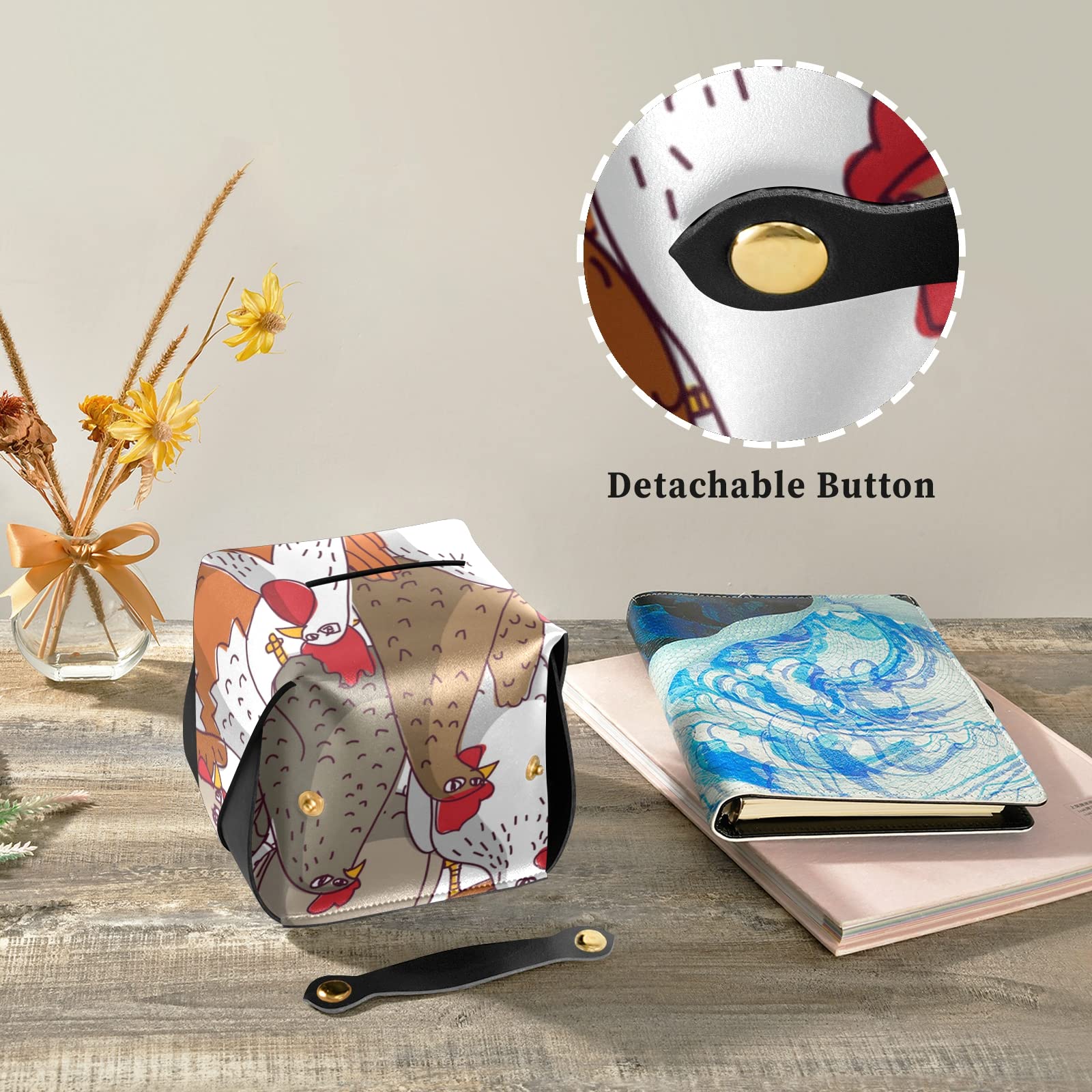 Premium Leather Tissue Box Cover - Brown, White & Orange Chicken Seamless Pattern - 5.7x5.7x5.7 Inch Square Design with Handle for Bathroom, Nightstand, Vanity, Office Desk & Car Decor - Home & Travel Accessory