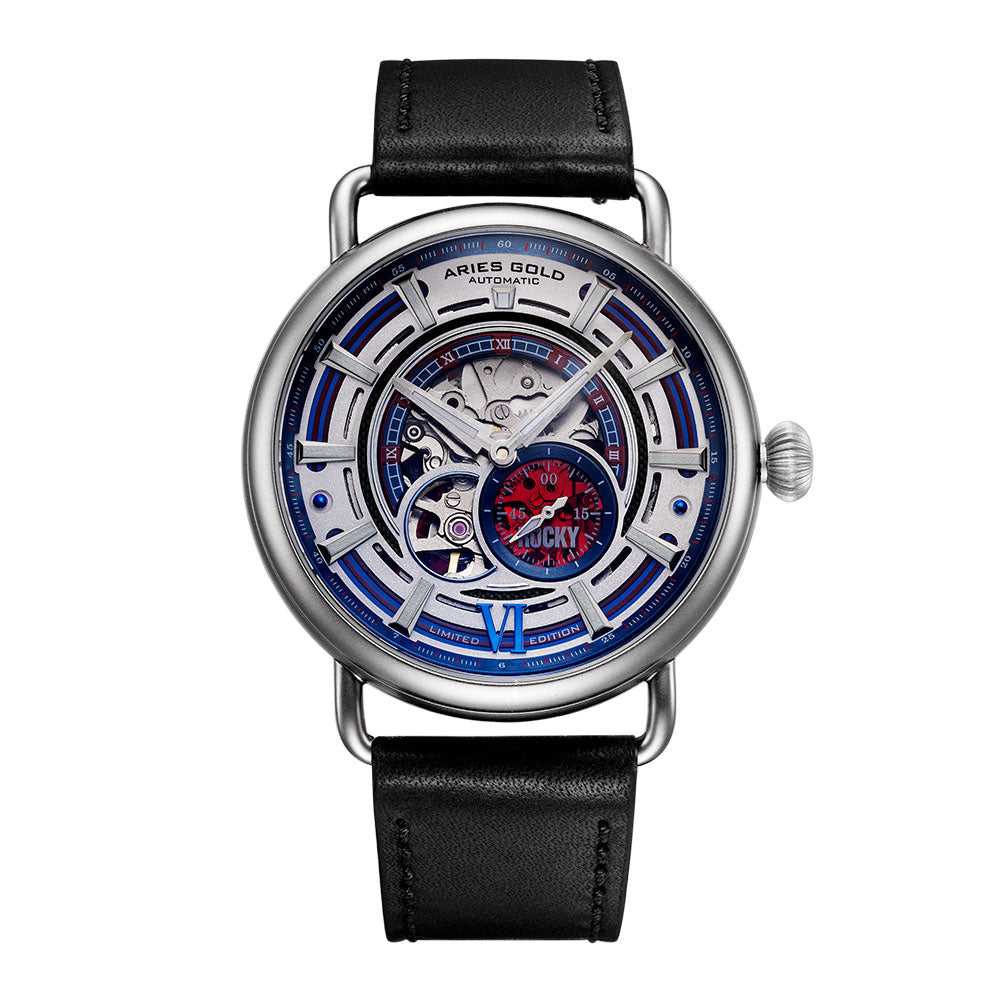 ARIES GOLD Automatic Rocky Limited Edition Invincible Silver Stainless Steel Men's Watch with Leather Strap - Model G9013 - Perfect for Formal Events, Business Meetings & Luxury Gifts