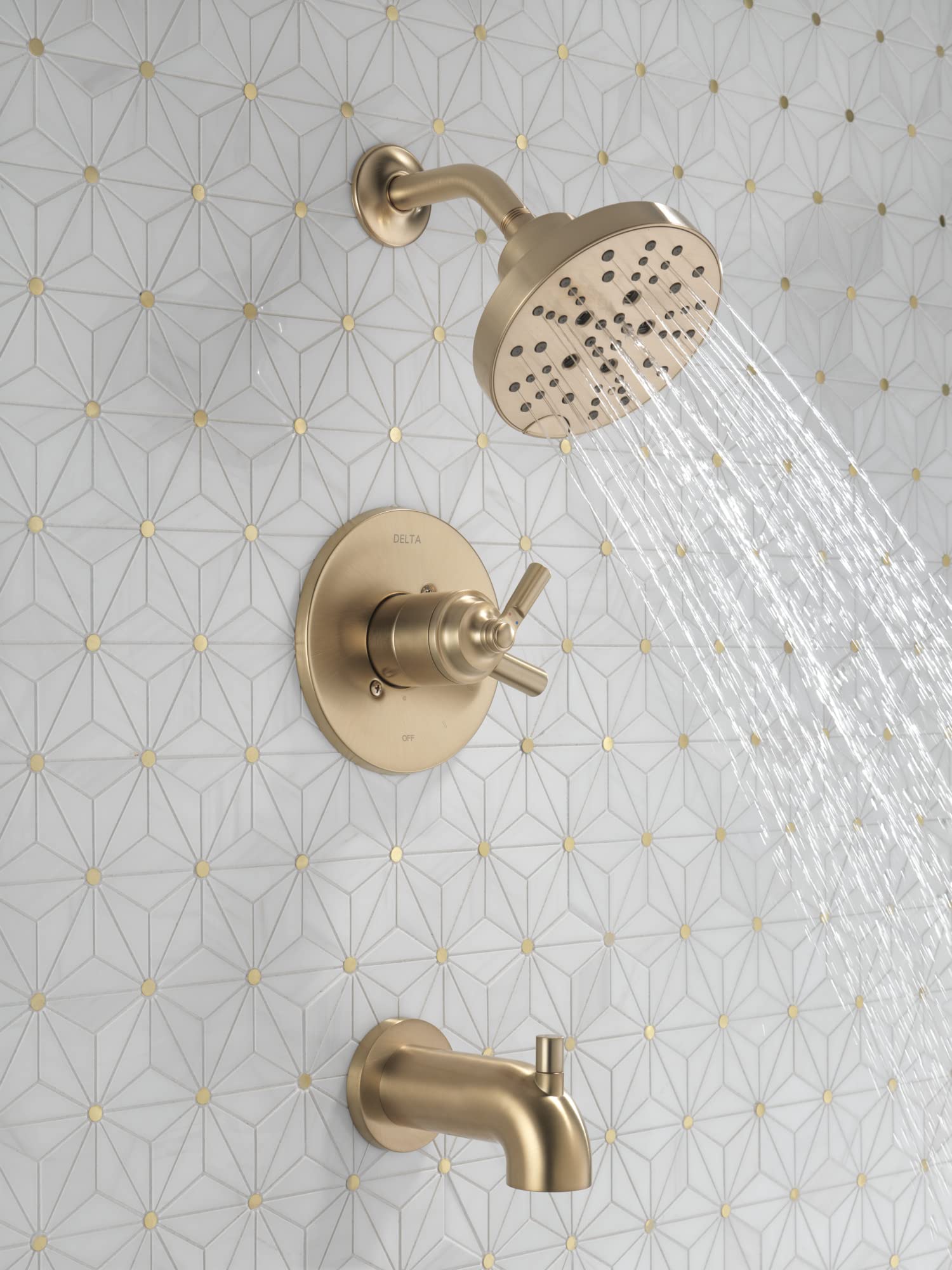 Delta Saylor 17 Series Gold Tub and Shower Faucet Combo with H2Okinetic Shower Head - Champagne Bronze T17435-CZ (Valve Not Included) - Perfect for Bathroom Renovation, Luxury Spa Experience, Modern Home Upgrade