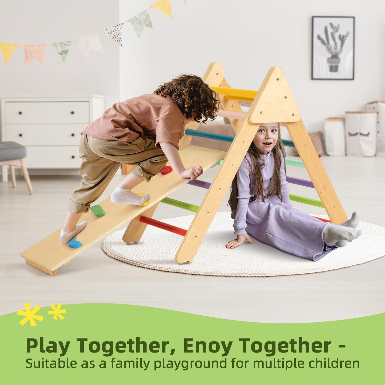 TOOKYLAND 3-in-1 Rainbow Climbing Toy Set for Toddlers - Sturdy Wooden Indoor Play Gym, Montessori Climbing Triangle with Ramp & Rocker - Safe Toddler Play Equipment for Home, Daycare & Preschool