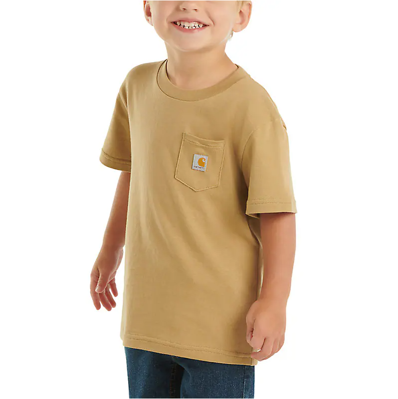 Carhartt Kids Short Sleeve Pocket T-Shirt for Boys & Girls - Dark Khaki Cotton Casual Tee for Outdoor Play & Everyday Wear