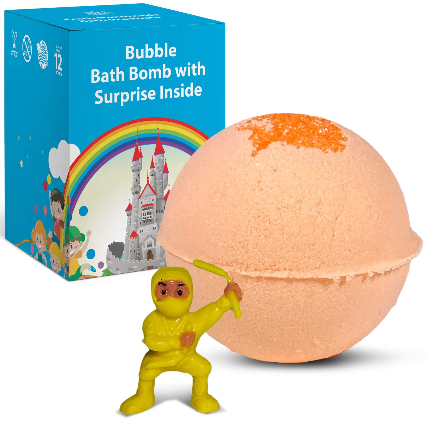 Kids Bubble Bath Bomb with Surprise Ninja Toy Inside - Natural Ingredients for Sensitive Skin - Moisturizing Coconut & Olive Oils - Fruity Monkey Farts Scent - Fun Bath Time Gift for Boys & Girls Birthday Party