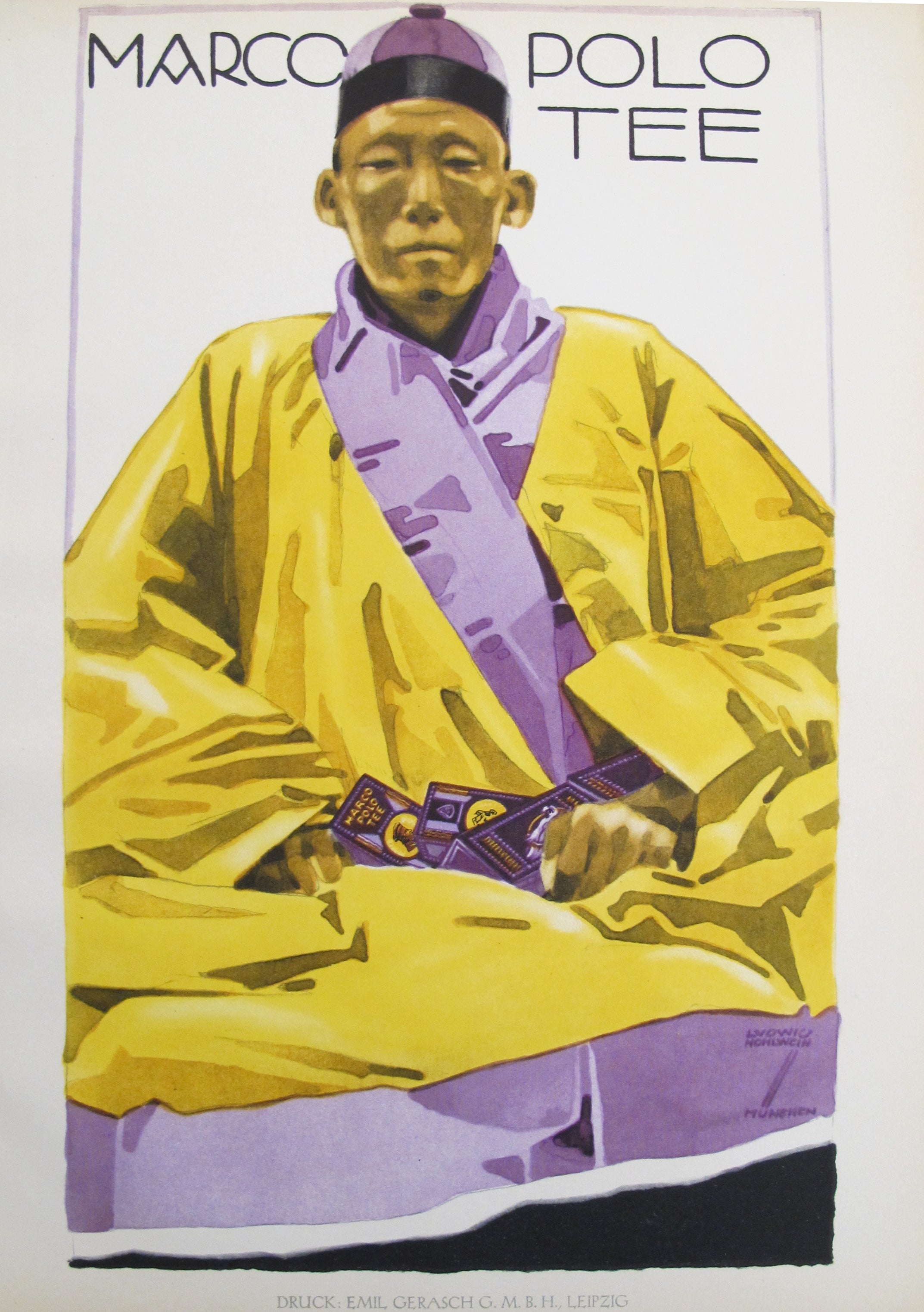 1926 Original German Art Deco Marco Polo Tea Poster - Seated Monk in Purple Cap - Vintage Home Decor & Tea Room Wall Art