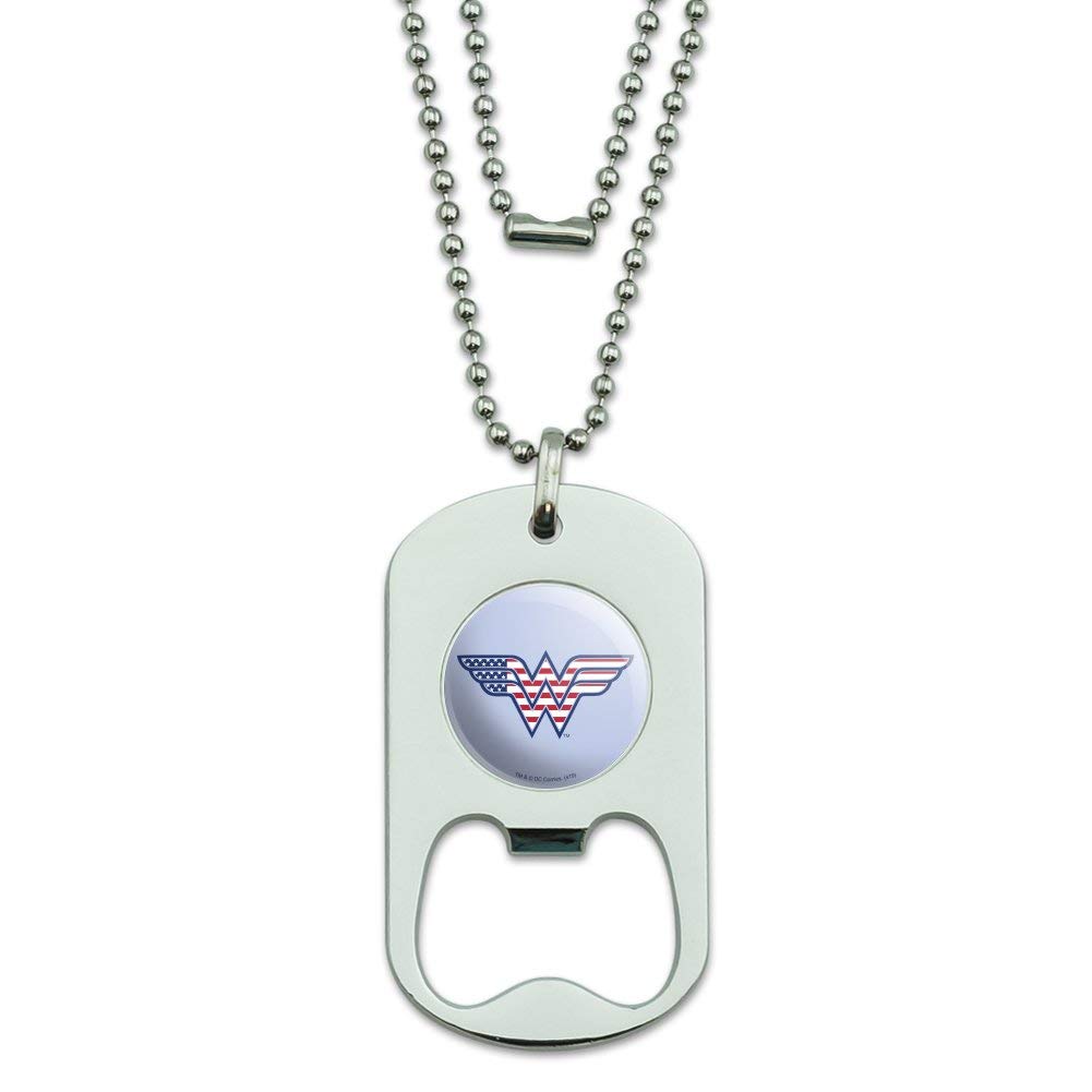 Wonder Woman USA American Flag Logo Military Dog Tag Bottle Opener Pendant - Patriotic Gift for Superhero Fans, Military Enthusiasts & Beer Lovers (Perfect for Keychains, Necklaces & Party Accessories)