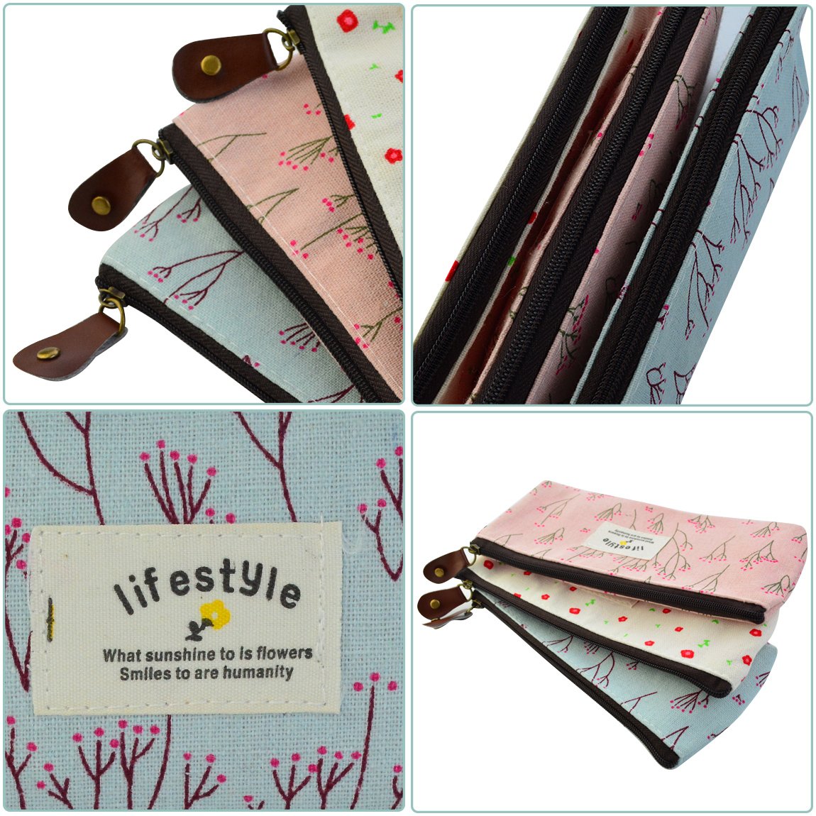 Miayon Floral Pencil Case & Cosmetic Bag Set of 3 - Vintage Countryside Design for School, Office & Travel Organization