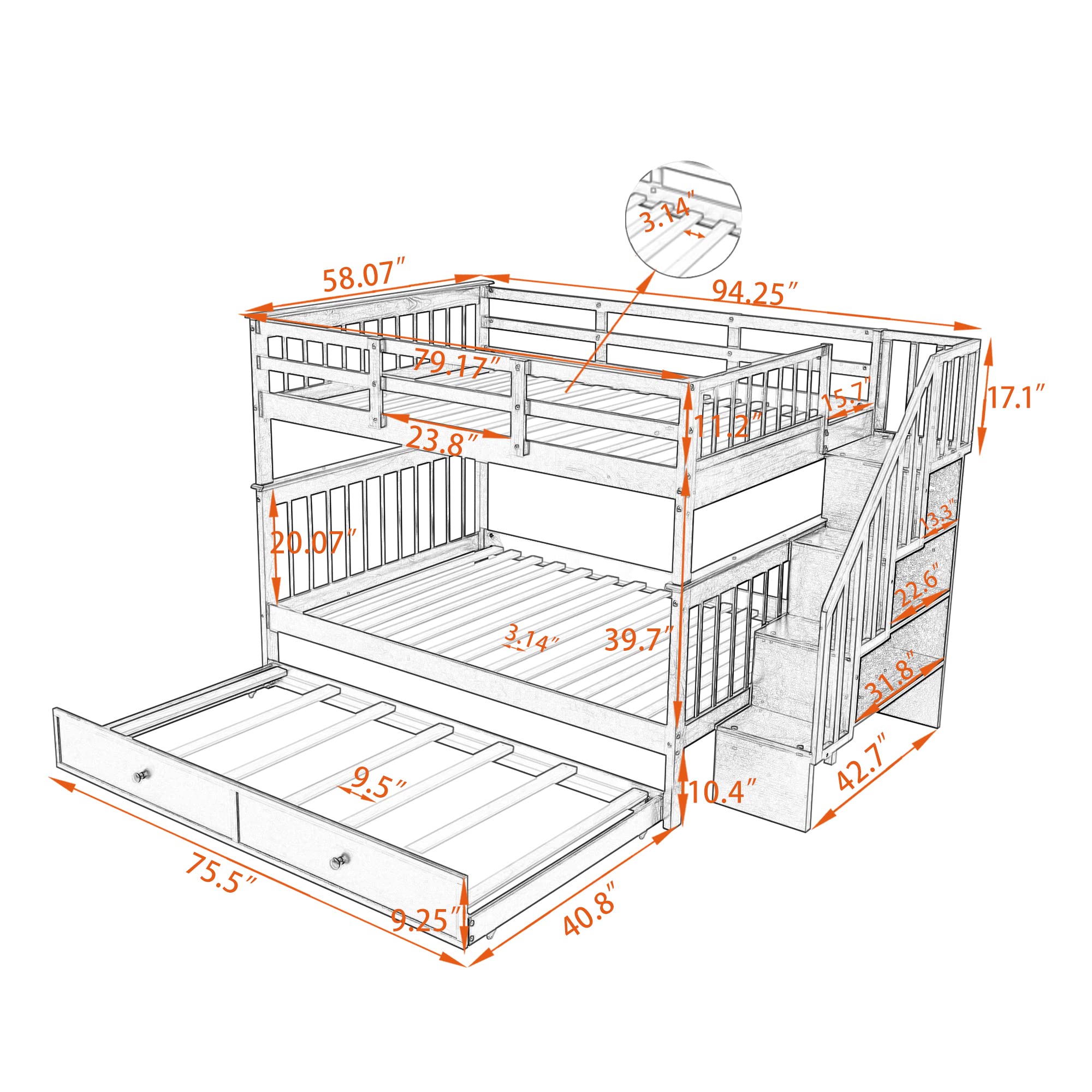 MERITLINE Full Over Full Wooden Bunk Bed Frame with Trundle & Stairs - Convertible Kids Bunk Bed in Espresso Finish | Space-Saving Twin Bunk for Bedrooms, Guest Rooms & Vacation Homes