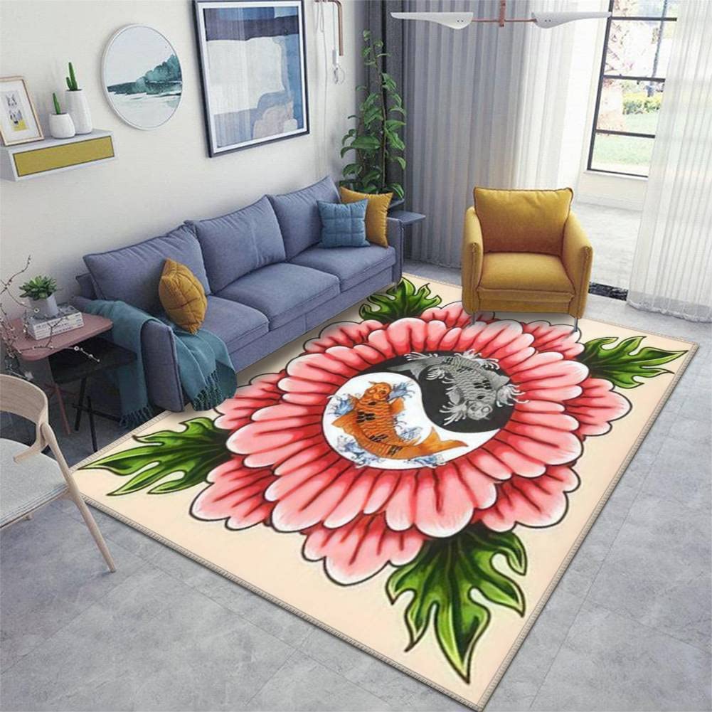 Non-Slip Washable Yin Yang Japanese Fish Tattoo-Style Indoor Area Rug - Kids Playmat for Living Room, Bedroom & Playroom | Durable Floor Carpet for Home Decor, Yoga, and Nursery
