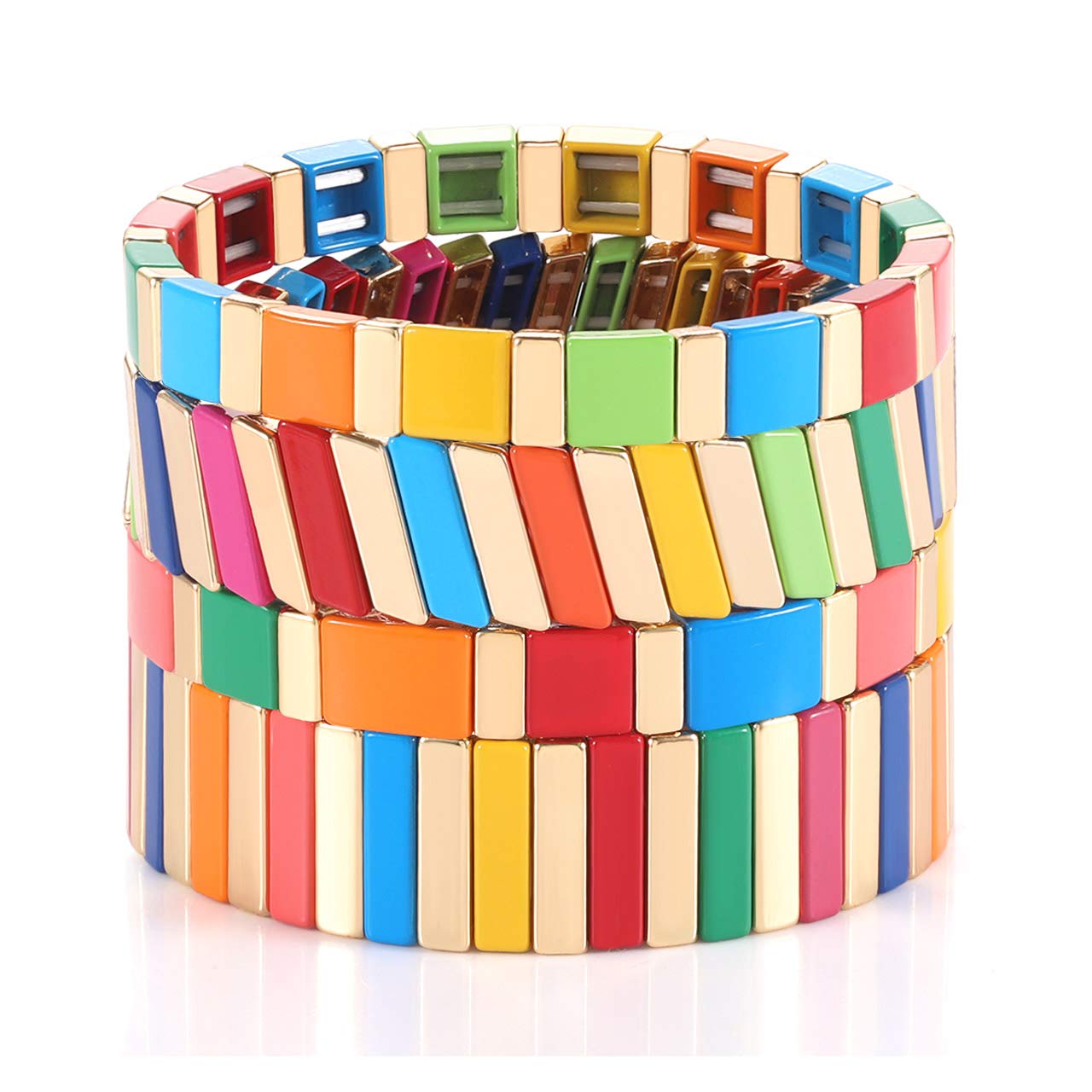 4PCS Rainbow Enamel Tile Stretch Bracelets Set for Women & Men - Colorful Stackable Beaded Wrap Bangles - Perfect for Summer Outfits, Beach Parties & Boho Fashion Accessories