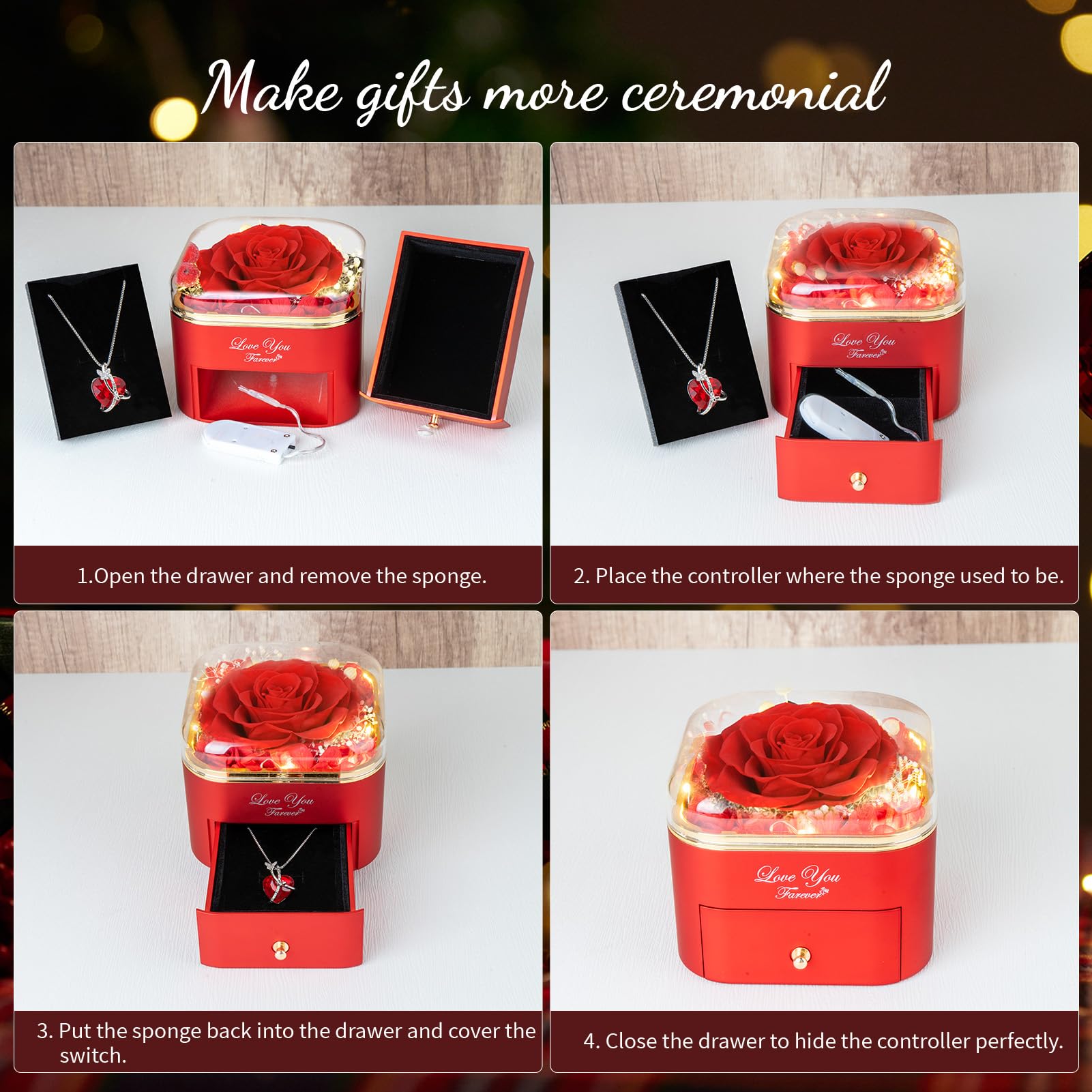Preserved Real Red Rose in Jewelry Box with Necklace - Eternal Rose Gift for Women, Grandma, Wife, Girlfriend | Valentine's Day, Mother's Day, Christmas, Birthday, Anniversary Romantic Present | Perfect for Home Decor, Wedding Centerpiece, Special Occasion Gift