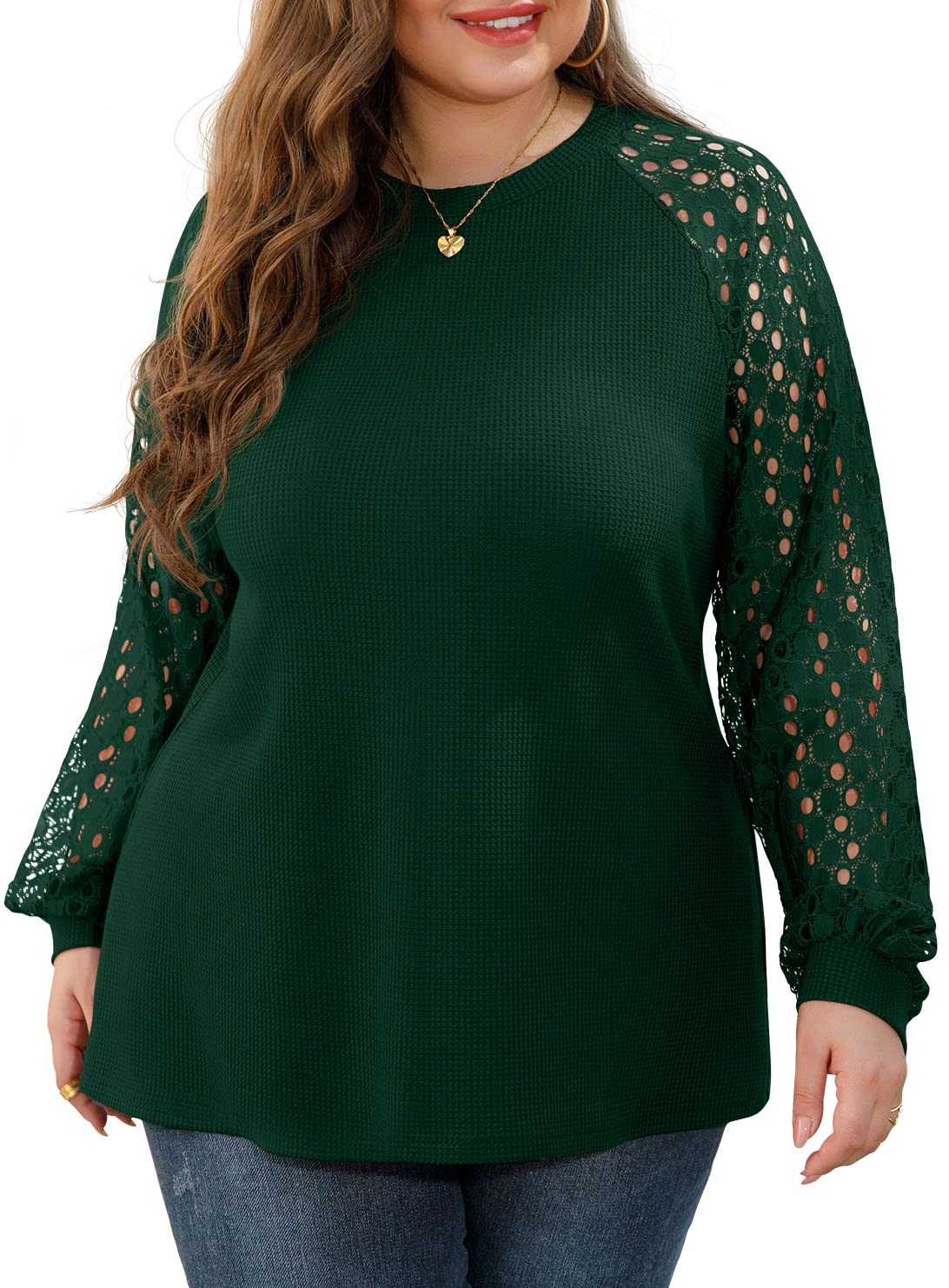 OLRIK Plus Size Women's Lace Sleeve Blouse - Waffle Knit Long & Short Sleeve Tops for Casual Wear & Office Outfits