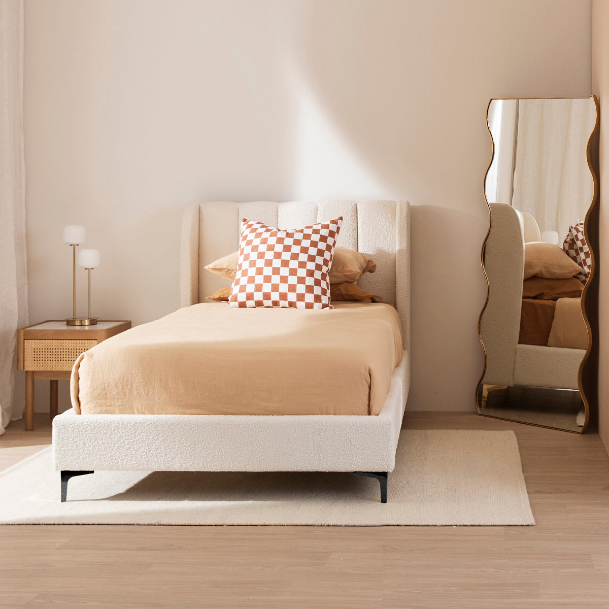 Georgia Boucle Fabric Single Bed Frame - White | Modern Minimalist Bedroom Furniture for Small Spaces & Guest Rooms